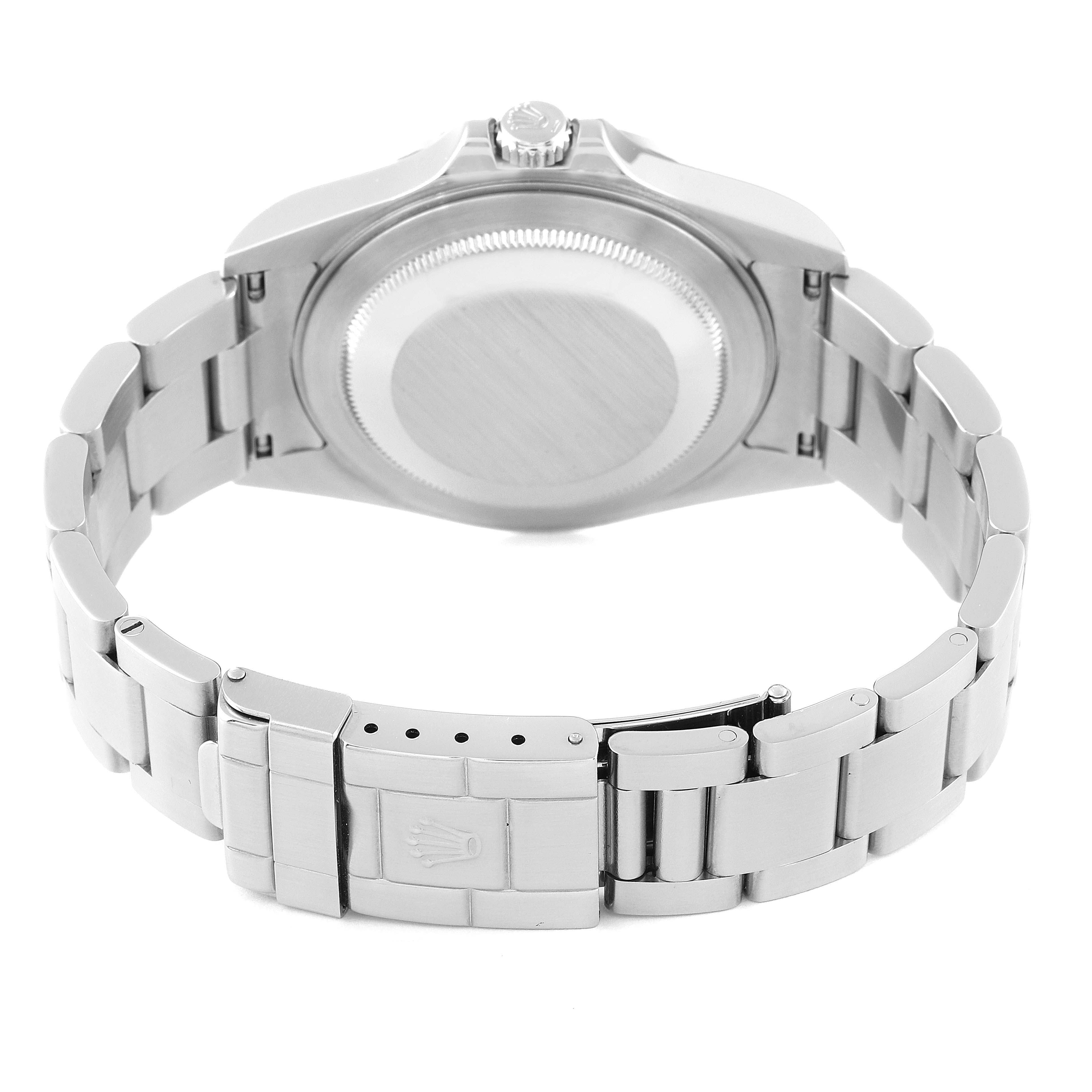 This image shows the back case and stainless steel bracelet of a Rolex Explorer 16570 Men
s Stainless Steel Black Dial 16570 Men
s Stainless Steel Black Dial watch.