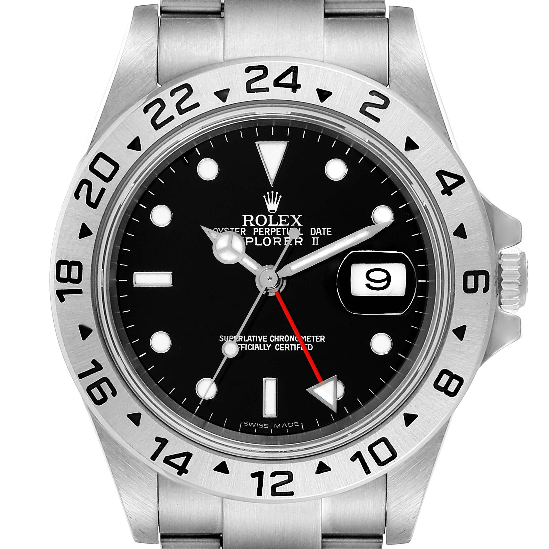 This front-angle photo shows the face, bezel, crown, and part of the bracelet of the Rolex Explorer 16570 Men
s Stainless Steel Black Dial 16570 Men
s Stainless Steel Black Dial watch.