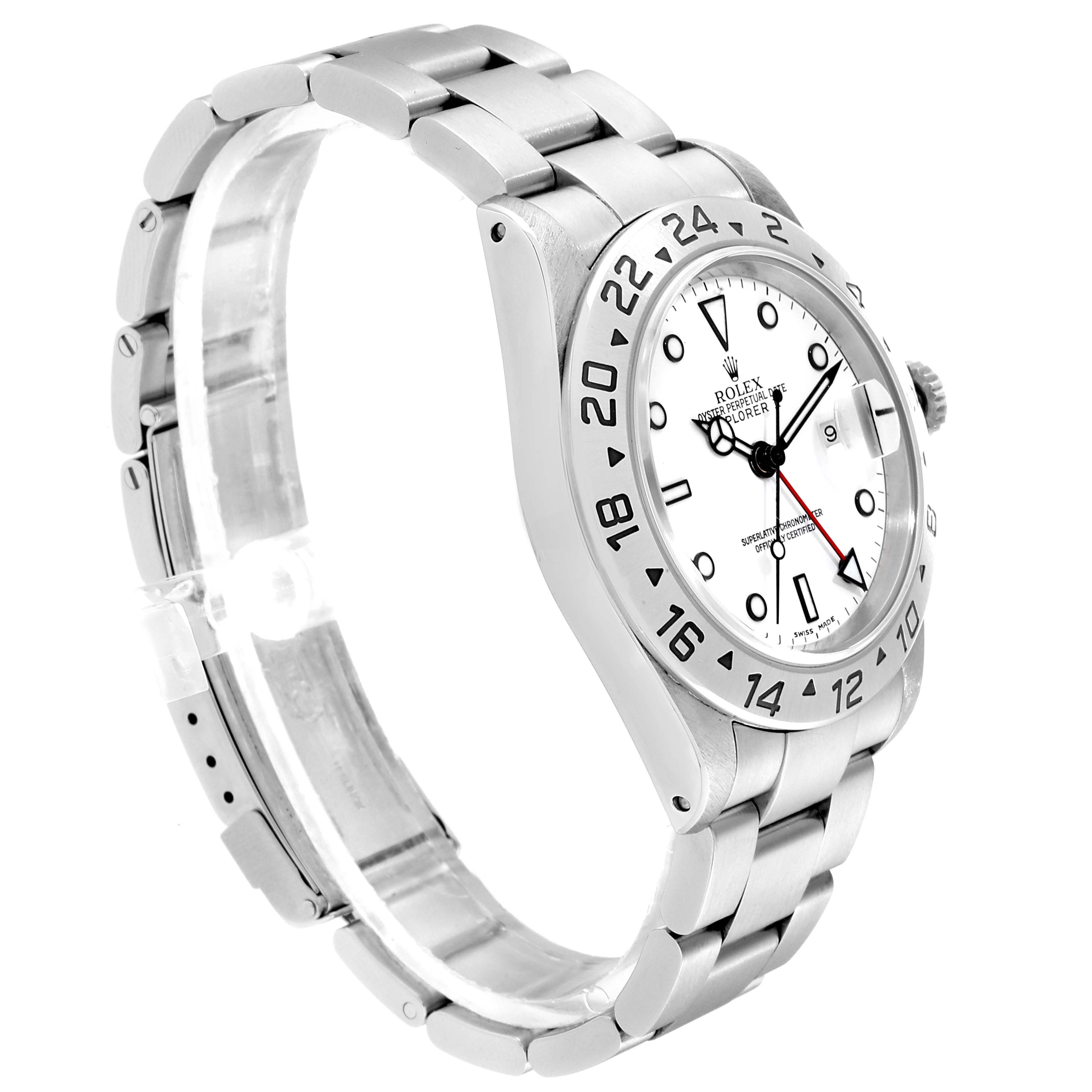 This image shows a side angle of a Rolex Explorer 16570 Men
s Stainless Steel White Dial 16570 Men
s Stainless Steel White Dial watch, displaying the bezel, dial, crown, and bracelet.