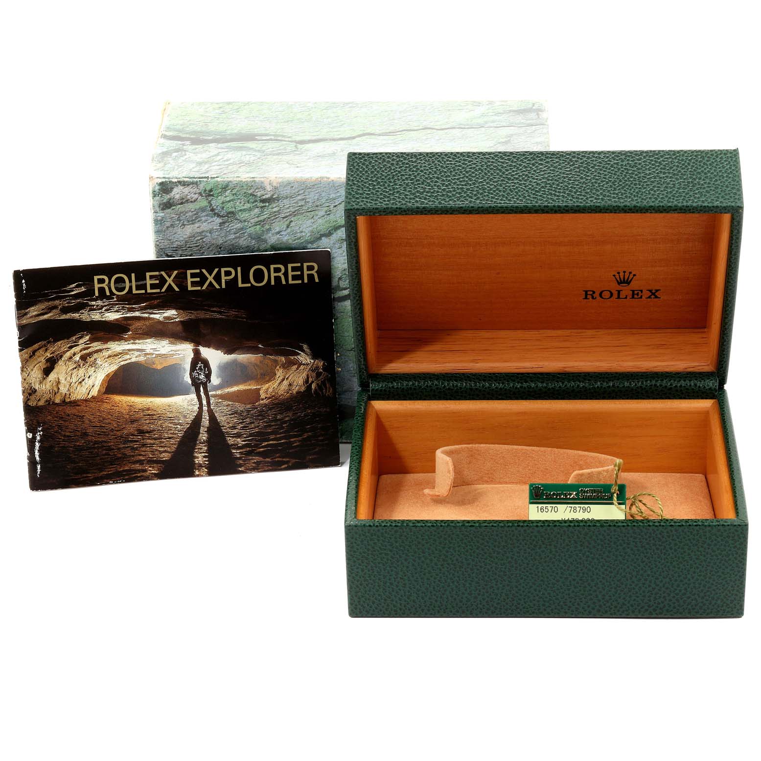 The image shows a Rolex Explorer 16570 Men
s Stainless Steel White Dial 16570 Men
s Stainless Steel White Dial watch box, tag, and a booklet, taken from a front angle.
