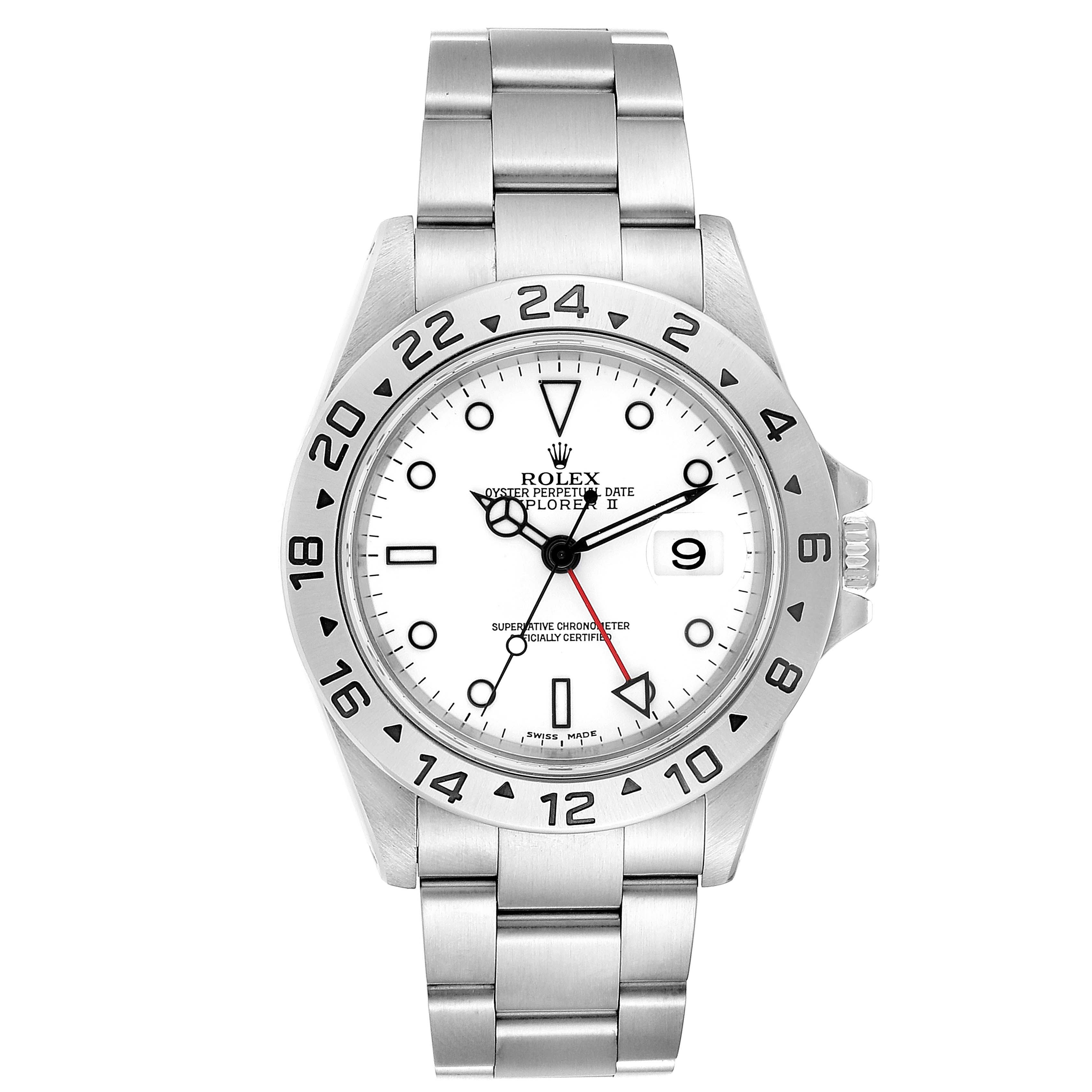 The image shows a front view of a Rolex Explorer 16570 Men
s Stainless Steel White Dial 16570 Men
s Stainless Steel White Dial watch, including the dial, bezel, bracelet, and crown.