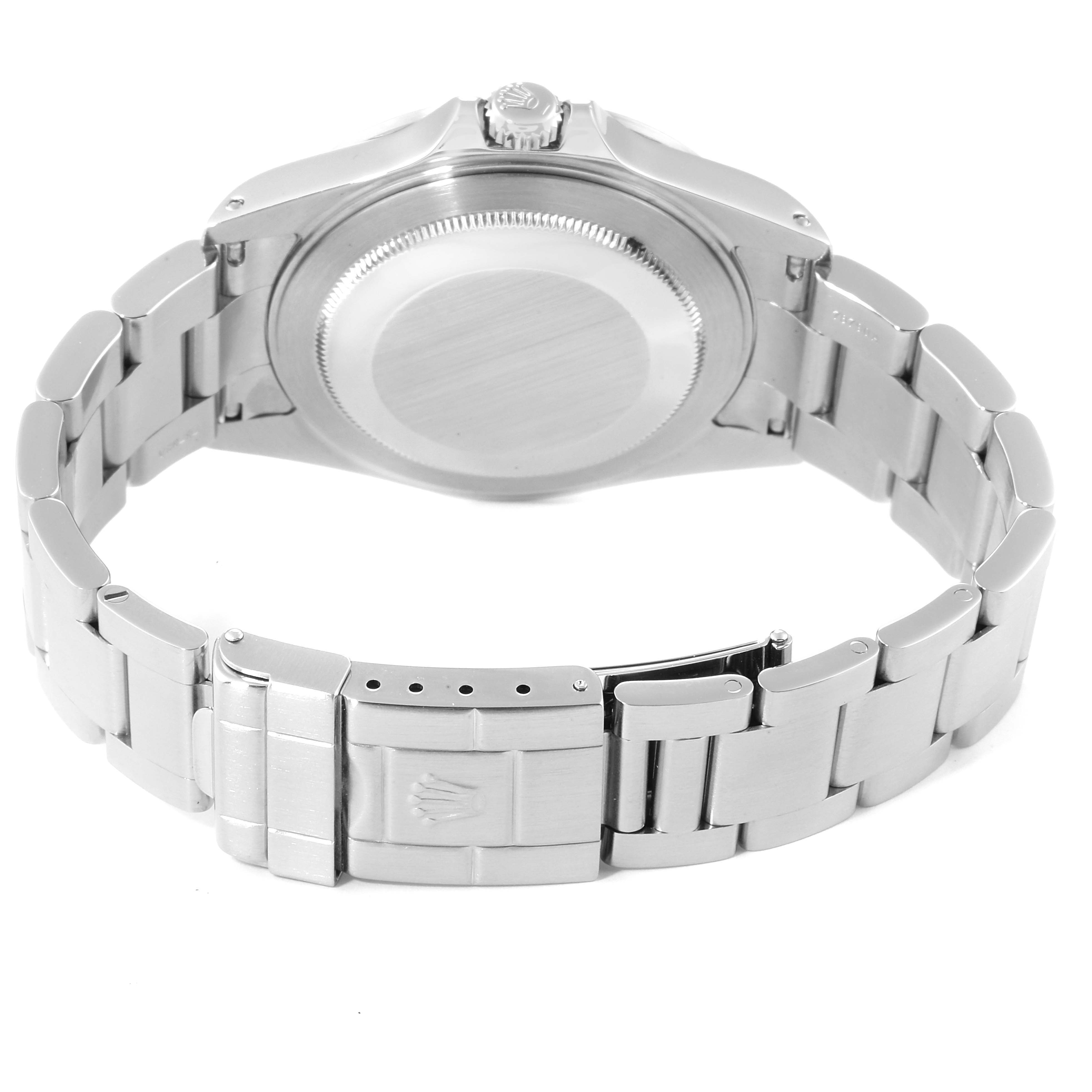 This image shows the back view of a Rolex Explorer 16570 Men
s Stainless Steel White Dial 16570 Men
s Stainless Steel White Dial watch, highlighting its case back, bracelet, and clasp.