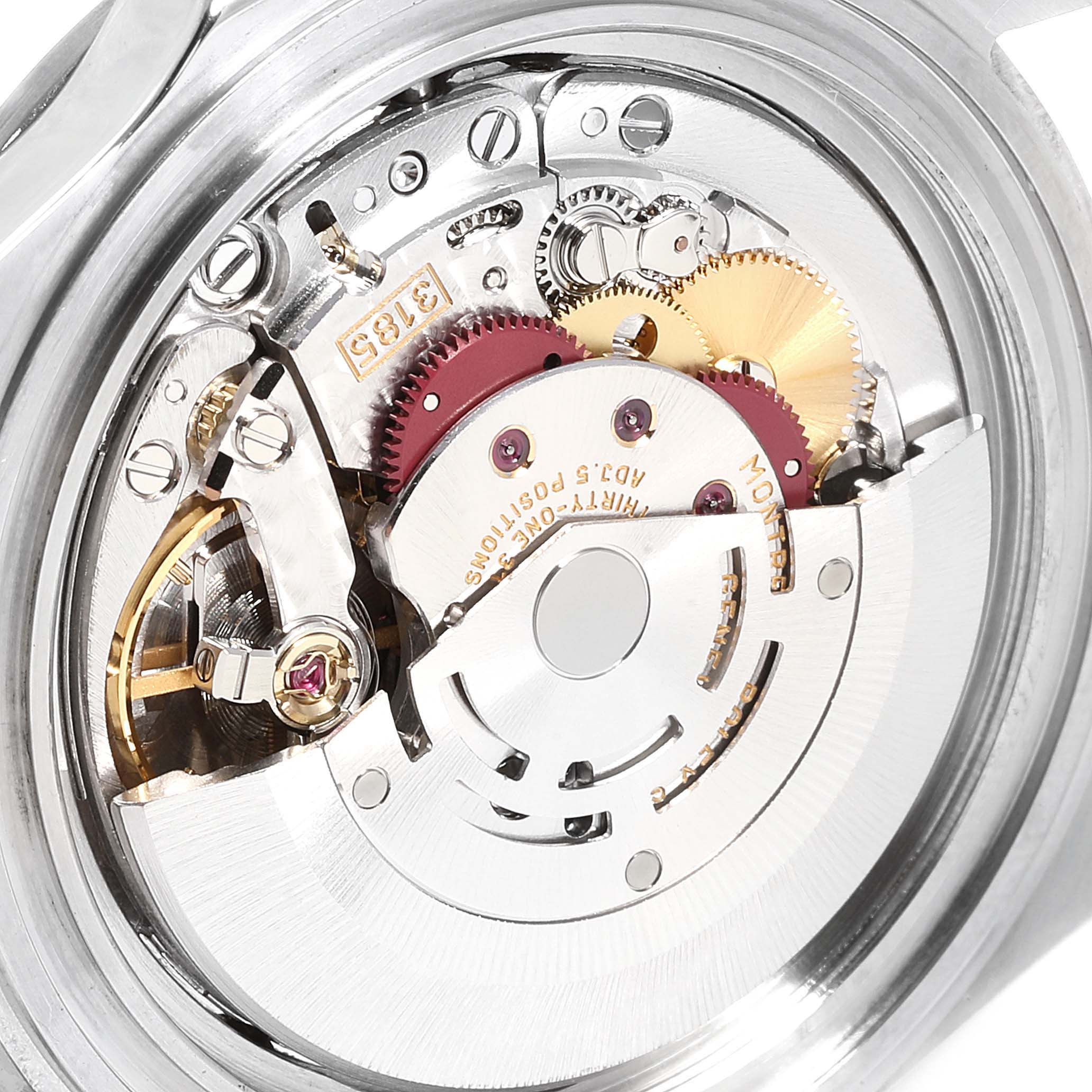 The image shows the internal mechanism of a Rolex Explorer 16570 Men
s Stainless Steel White Dial 16570 Men
s Stainless Steel White Dial watch, focusing on the intricate gears and components.