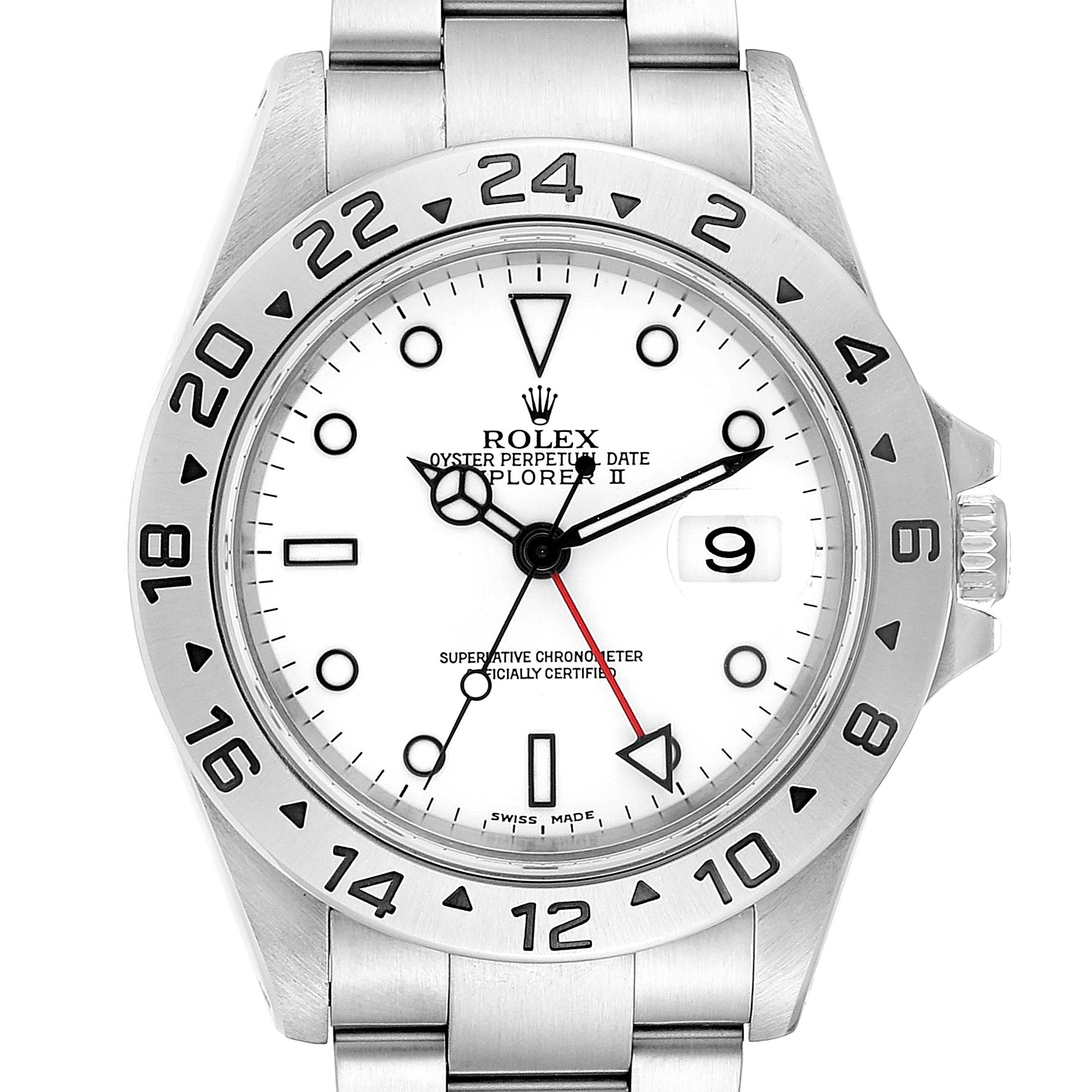 This is a front view of a Rolex Explorer 16570 Men
s Stainless Steel White Dial 16570 Men
s Stainless Steel White Dial watch, showcasing the dial, bezel, and part of the bracelet.