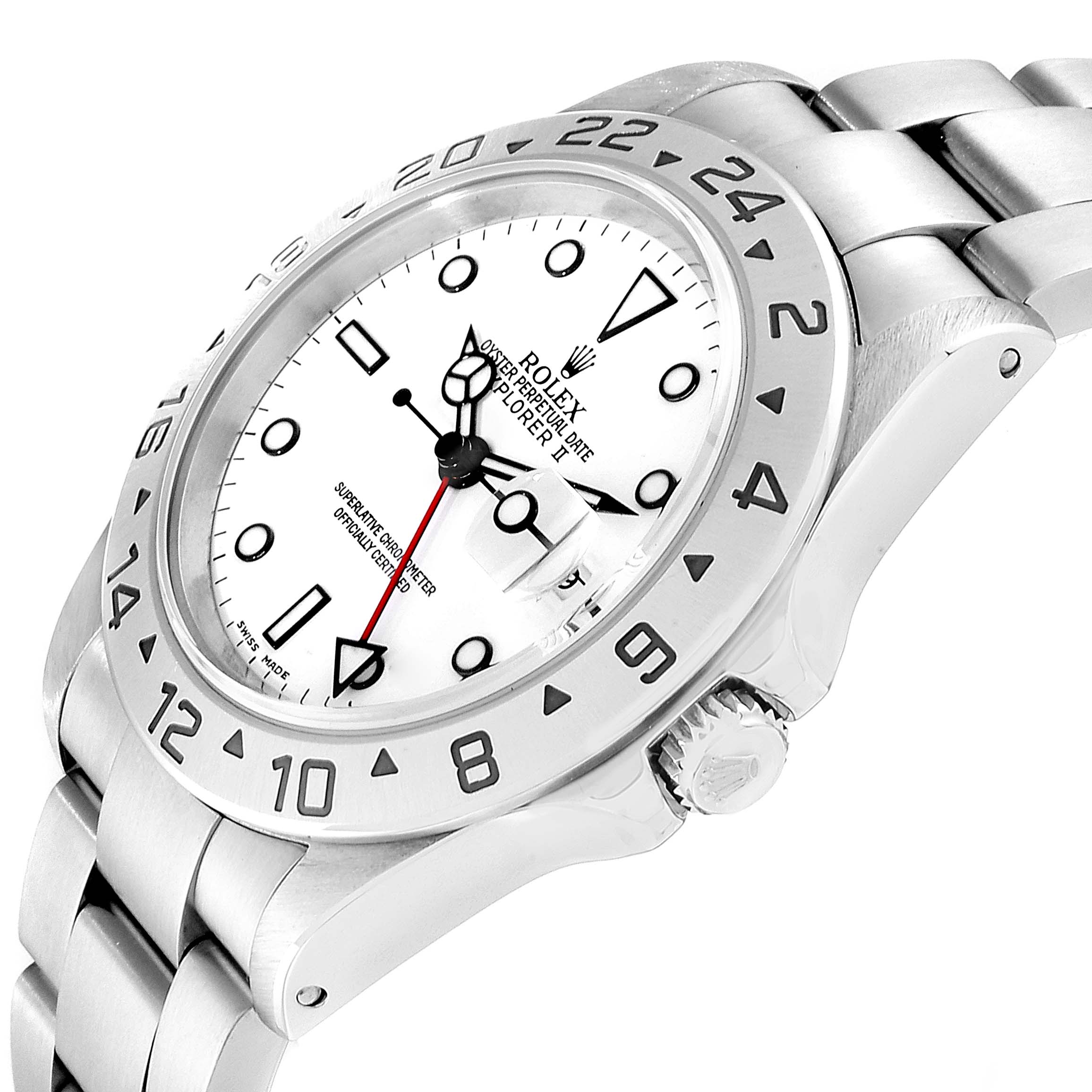 This image shows a side angle of the Rolex Explorer 16570 Men
s Stainless Steel White Dial 16570 Men
s Stainless Steel White Dial watch, highlighting its bezel, dial, and bracelet.