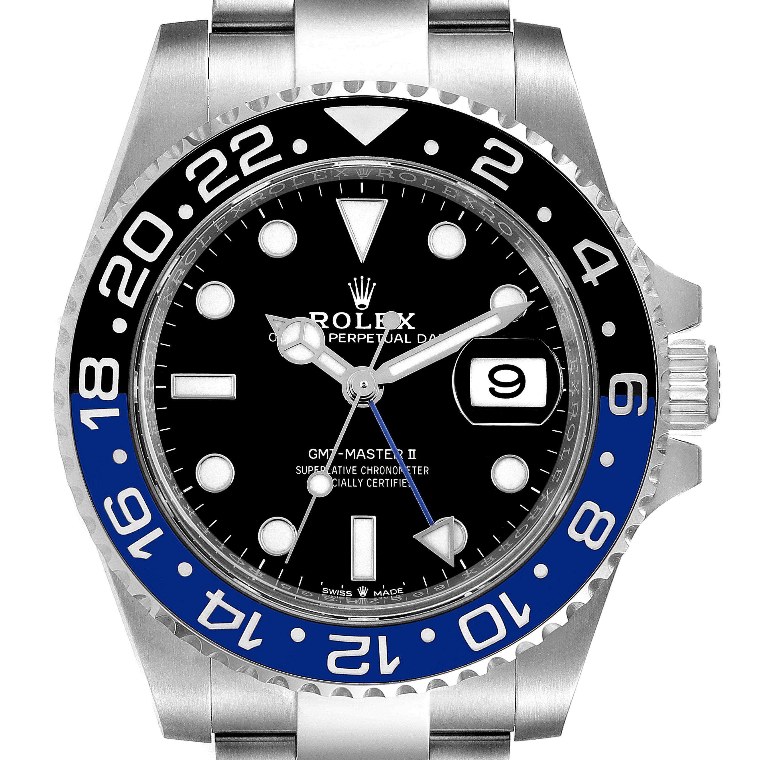 The image shows a front view of a Rolex GMT-Master 126710 Men
s Stainless Steel Black Dial 126710 Men
s Stainless Steel Black Dial II watch highlighting the dial, hands, bezel, and date window.