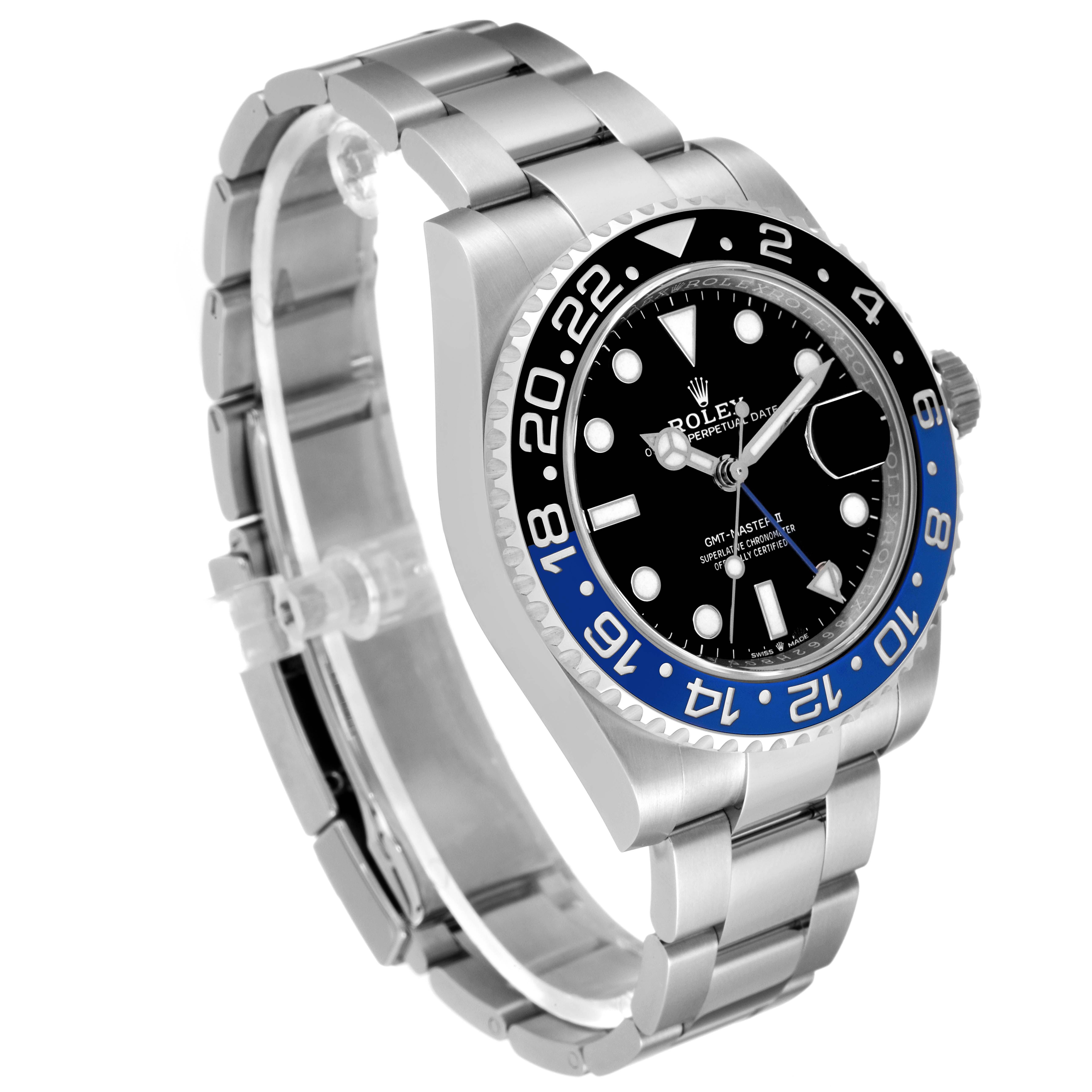 The Rolex GMT-Master 126710 Men
s Stainless Steel Black Dial 126710 Men
s Stainless Steel Black Dial watch is shown at a slight angle from the side, highlighting its bezel, dial, and stainless steel bracelet.