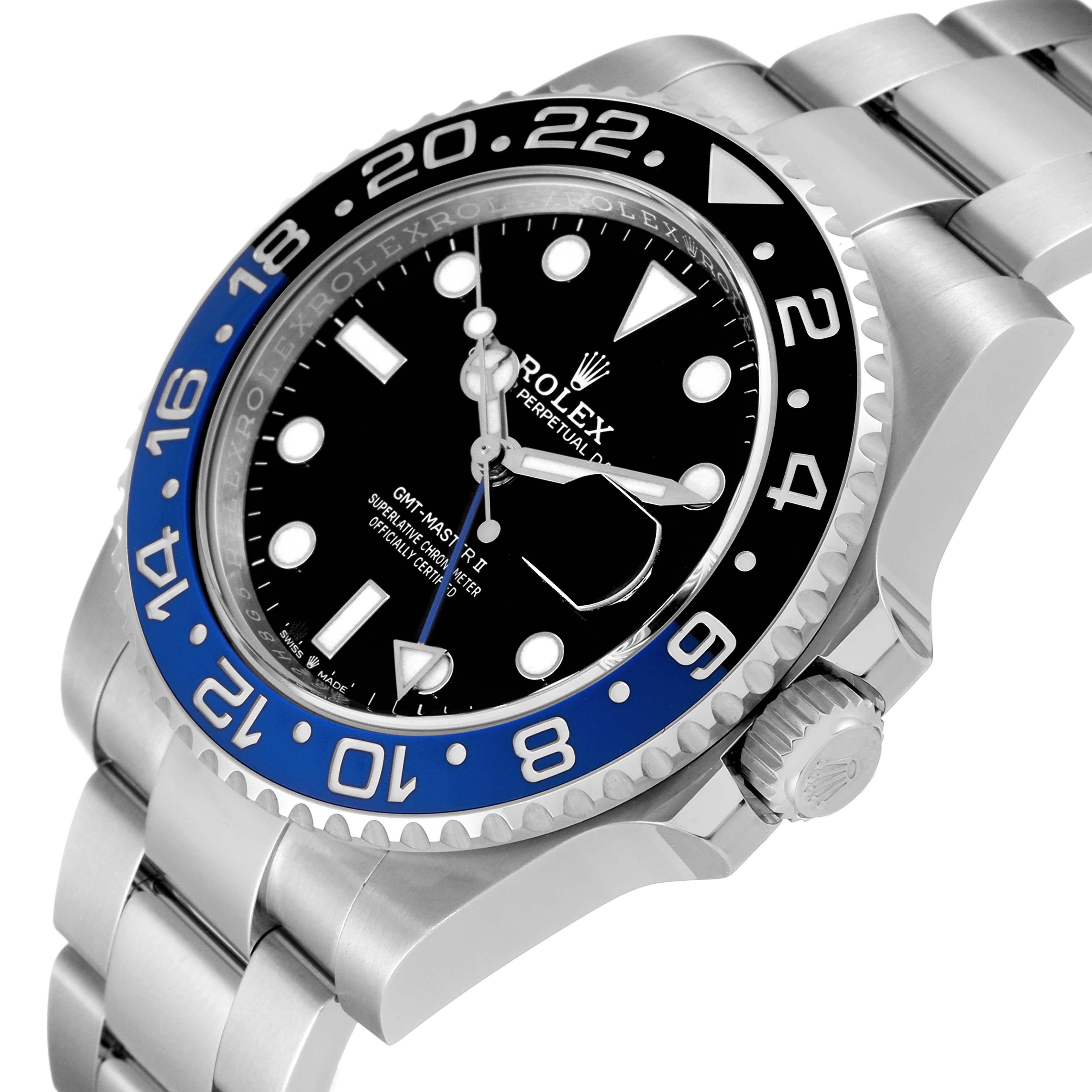 The image shows a close-up side angle of the Rolex GMT-Master 126710 Men
s Stainless Steel Black Dial 126710 Men
s Stainless Steel Black Dial watch, highlighting its bezel, crown, and bracelet.