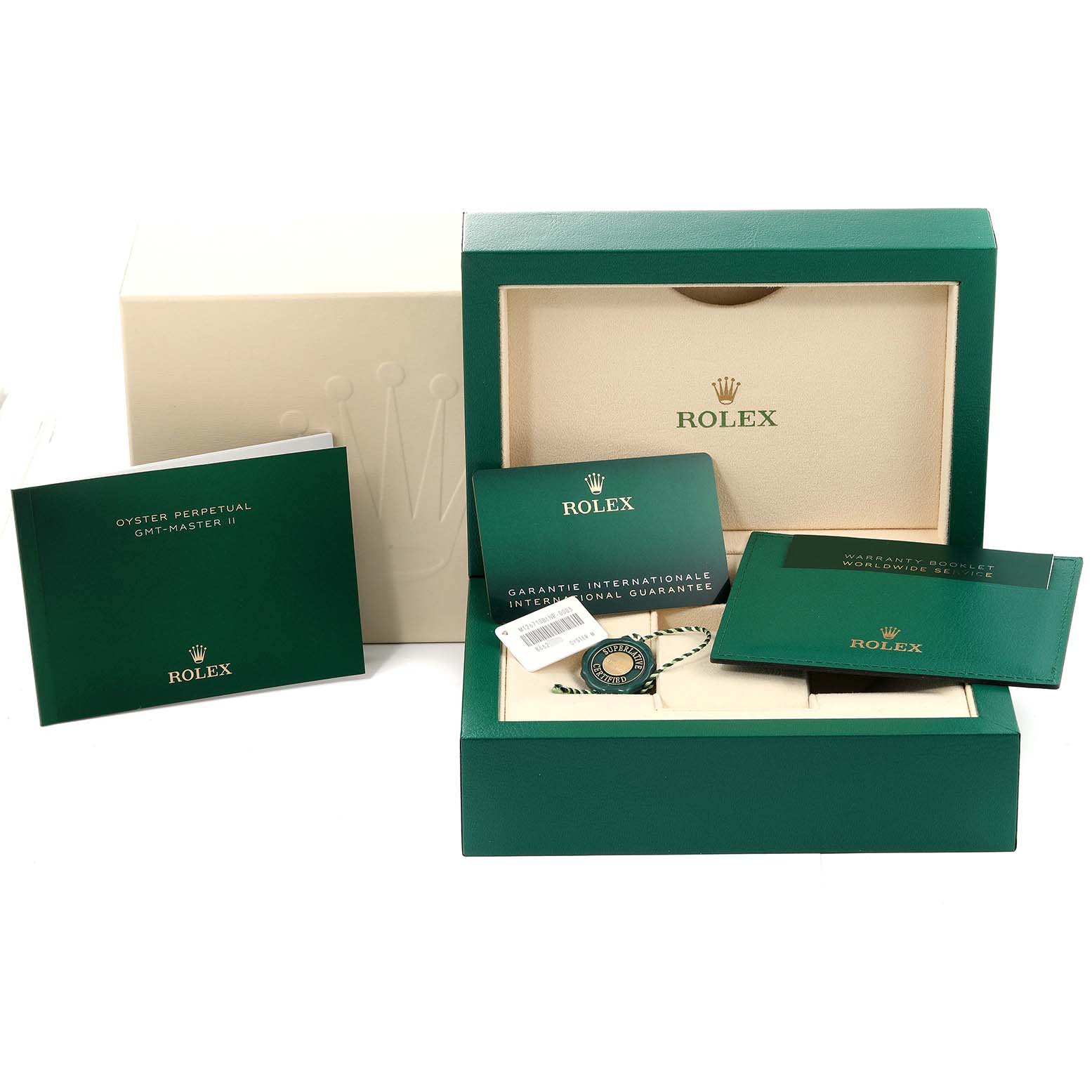 The image shows a Rolex GMT-Master 126710 Men
s Stainless Steel Black Dial 126710 Men
s Stainless Steel Black Dial box set with manuals, warranty card, tag, and booklet, all displayed from a front angle.