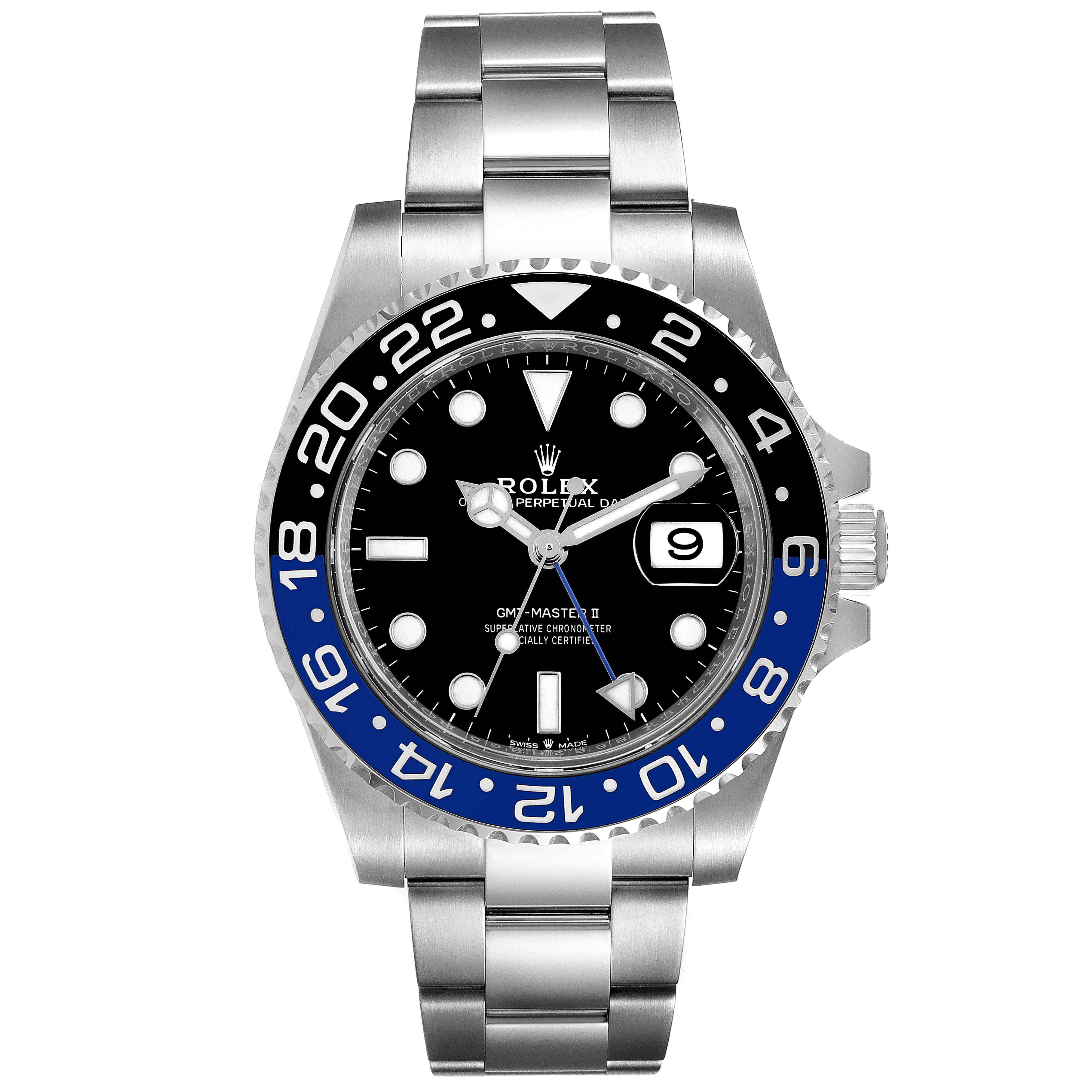 The image shows a front view of a Rolex GMT-Master 126710 Men
s Stainless Steel Black Dial 126710 Men
s Stainless Steel Black Dial II watch, displaying the bezel, dial, hands, date window, and bracelet.