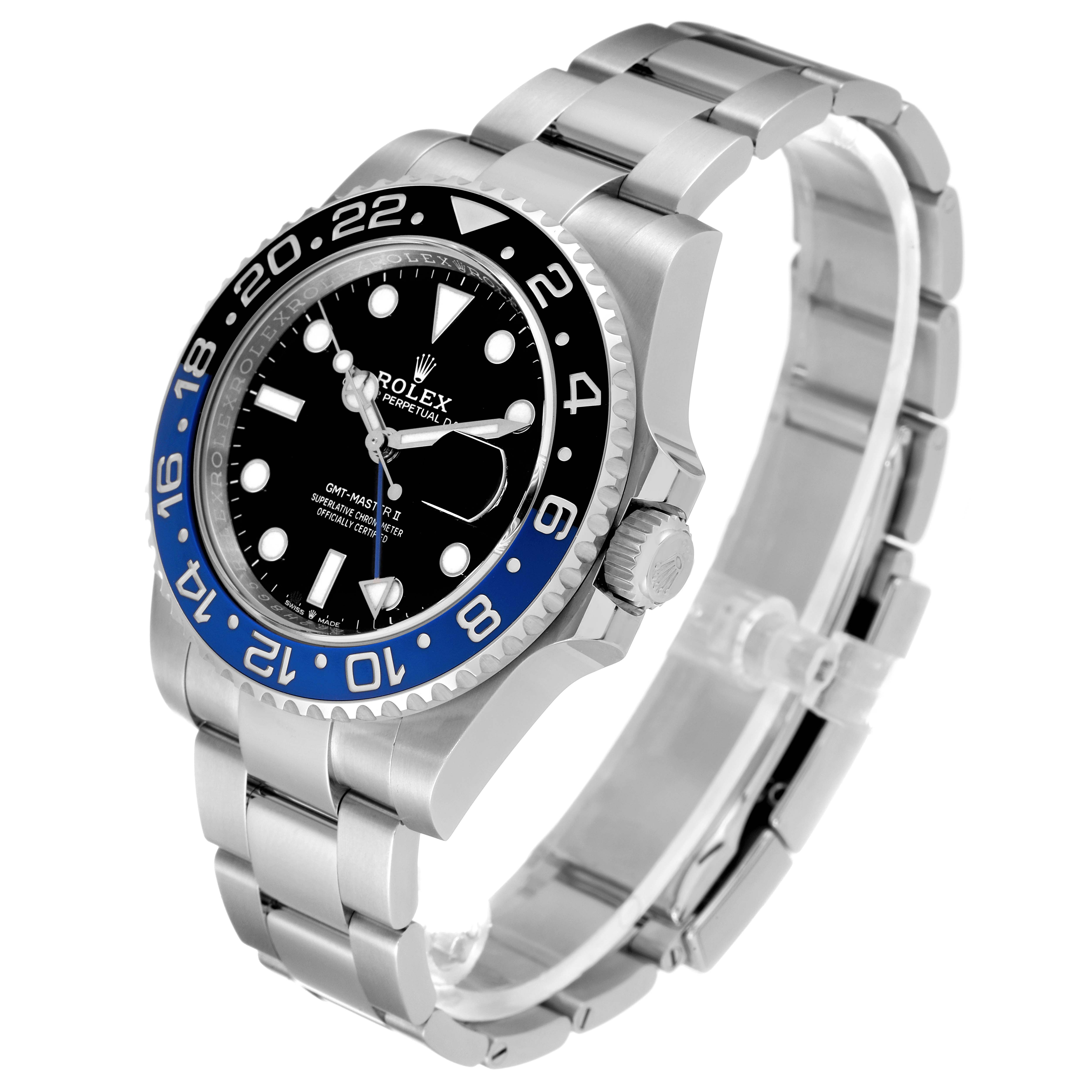 The image shows a Rolex GMT-Master 126710 Men
s Stainless Steel Black Dial 126710 Men
s Stainless Steel Black Dial watch at a three-quarter angle, highlighting the dial, bezel, and bracelet with clasp.