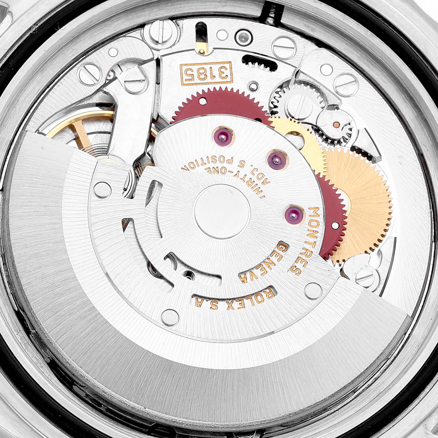 The image shows the detailed internal movement of a Rolex GMT-Master 16710 Men's Stainless Steel Black Dial 16710 Men's Stainless Steel Black Dial watch's mechanism from a top-down angle.