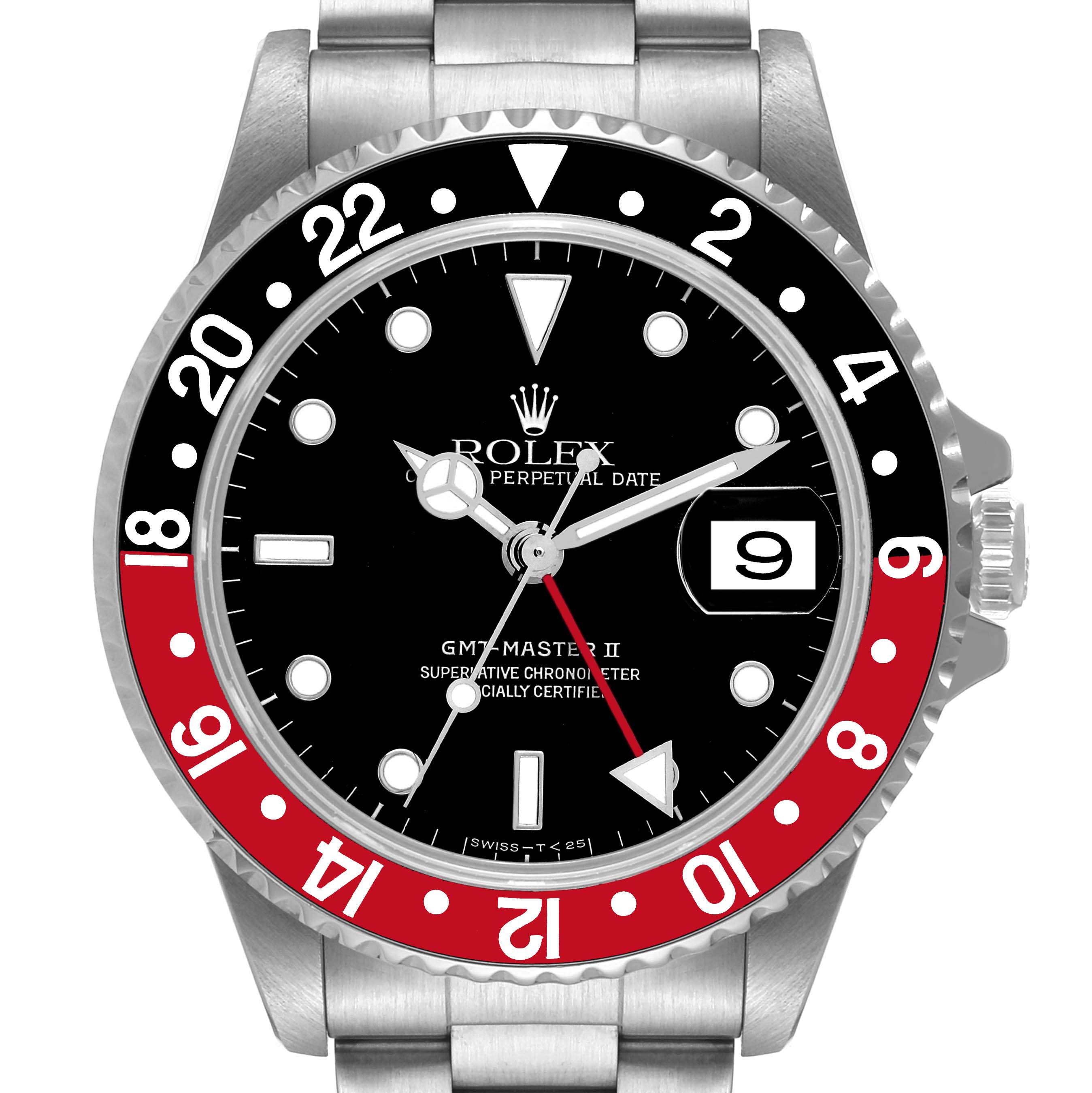 The image shows a front view of a Rolex GMT-Master 16710 Men's Stainless Steel Black Dial 16710 Men's Stainless Steel Black Dial II watch, highlighting its dial, bezel, hands, and date window.