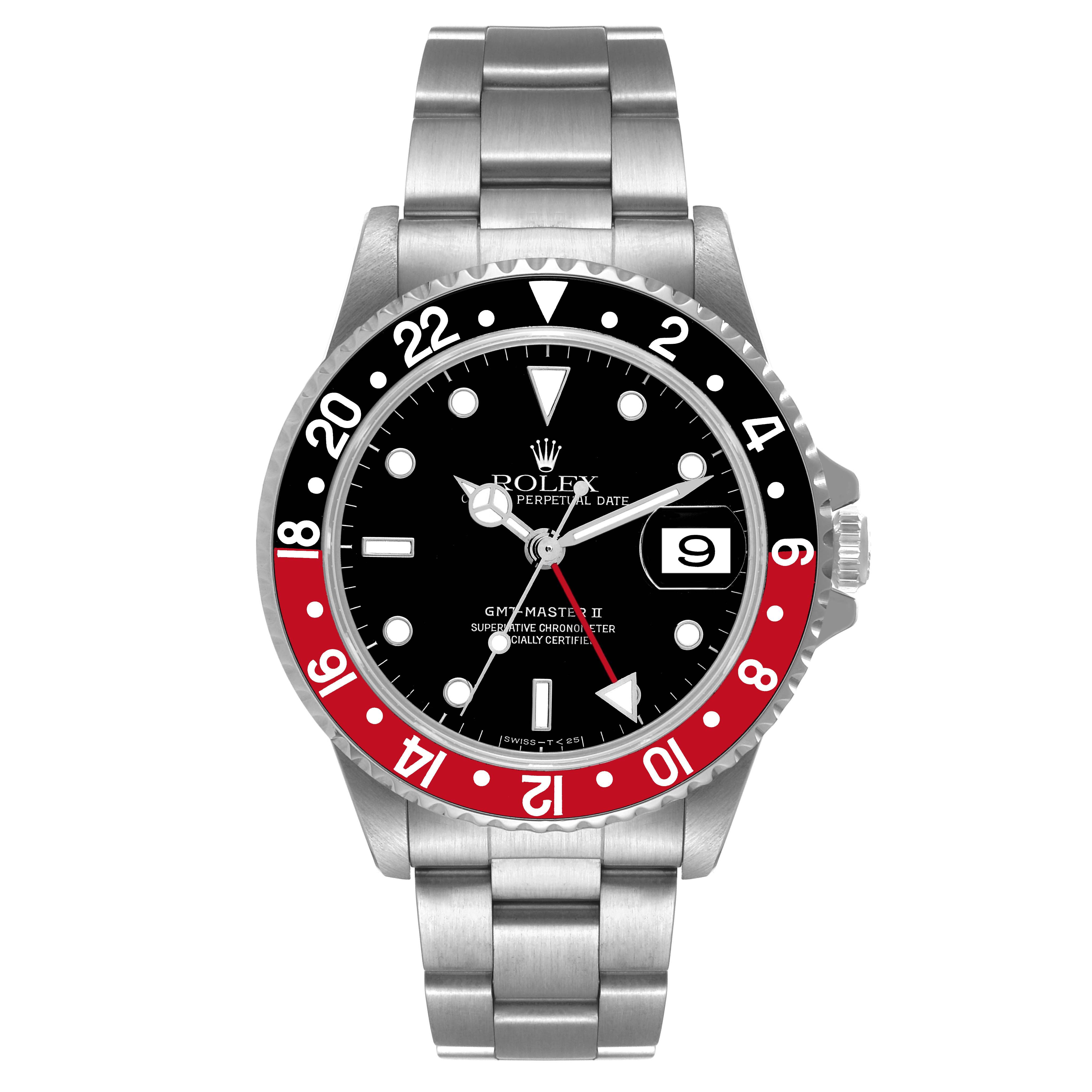 This image shows a front view of a Rolex GMT-Master 16710 Men's Stainless Steel Black Dial 16710 Men's Stainless Steel Black Dial II watch, featuring a black and red bezel and a stainless steel bracelet.