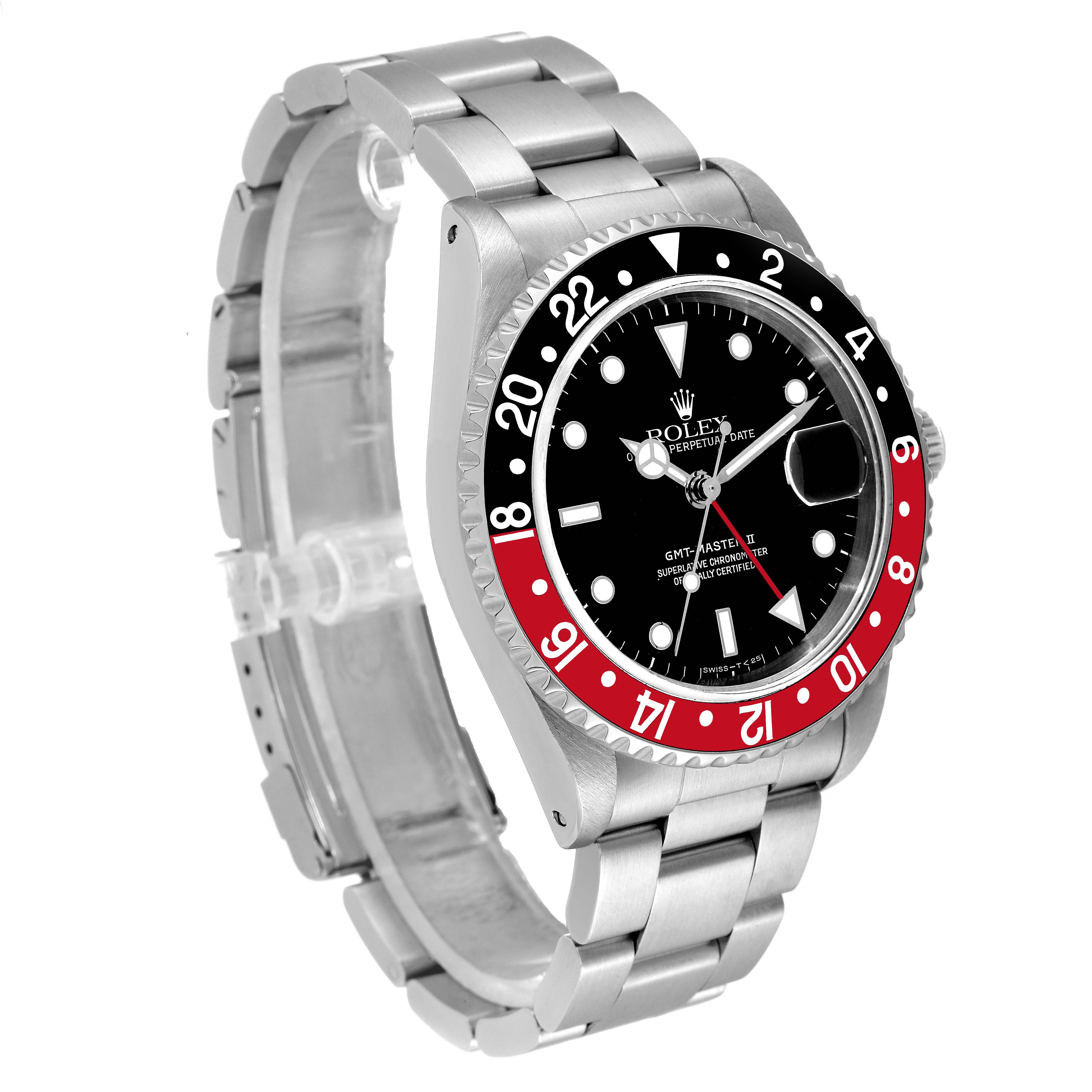The image shows a side and front angle of a Rolex GMT-Master 16710 Men's Stainless Steel Black Dial 16710 Men's Stainless Steel Black Dial watch, displaying the bezel, dial, hands, and stainless steel bracelet.