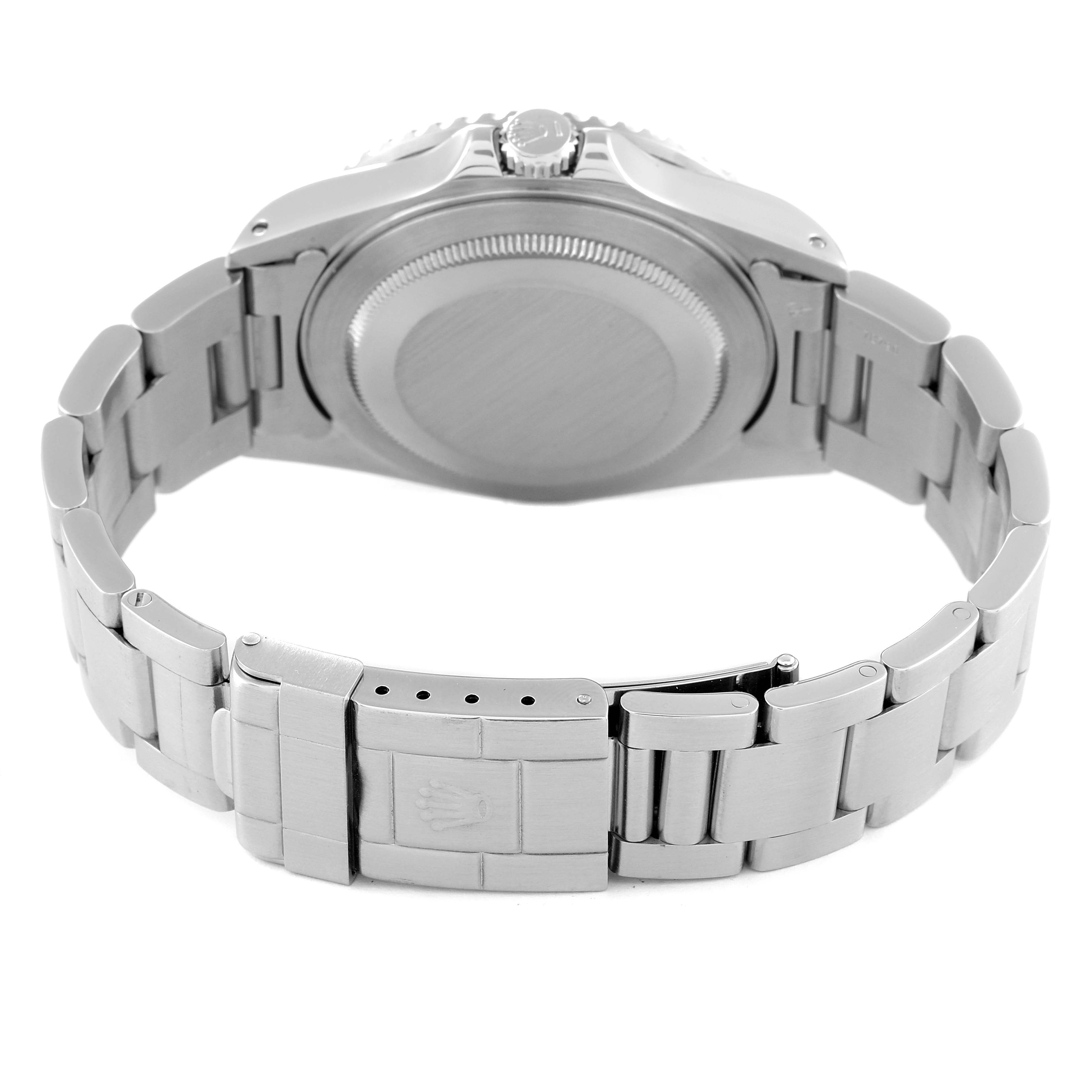 This image shows the backside and bracelet of a Rolex GMT-Master 16710 Men's Stainless Steel Black Dial 16710 Men's Stainless Steel Black Dial watch, including the clasp with the Rolex logo.