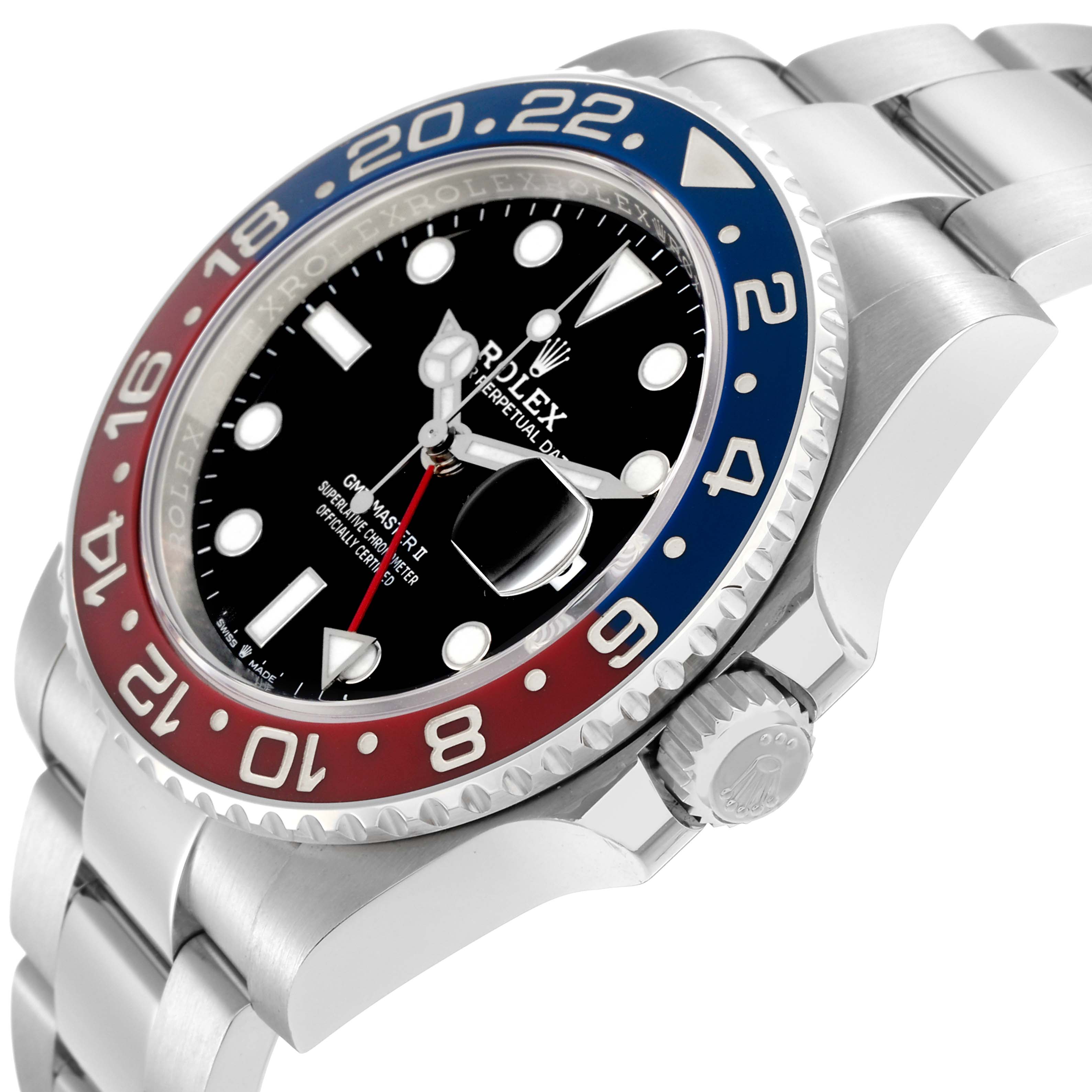 The image shows a Rolex GMT-Master 126710BLRO Men
s Stainless Steel Black Dial 126710BLRO Men
s Stainless Steel Black Dial model at an angled side view, highlighting the bezel, crown, and part of the bracelet.