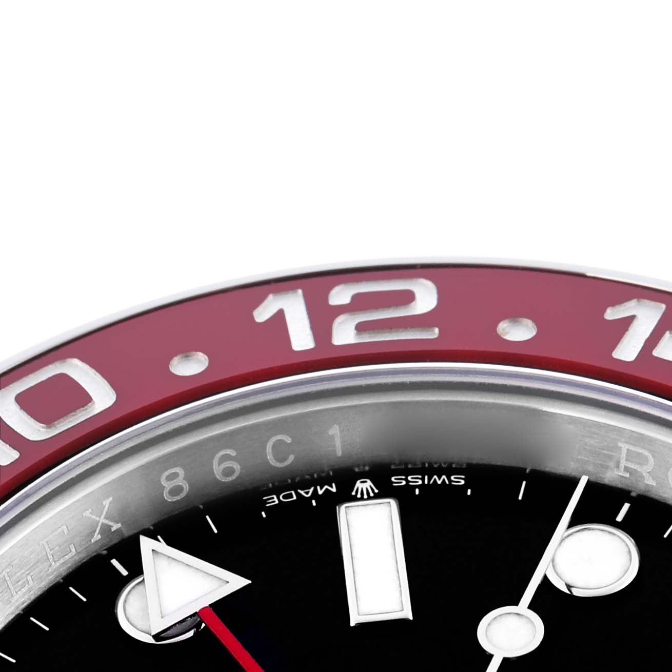 The image shows a close-up of the red bezel and partial face of a Rolex GMT-Master 126710BLRO Men
s Stainless Steel Black Dial 126710BLRO Men
s Stainless Steel Black Dial watch, highlighting the "10" and "12" indicators.