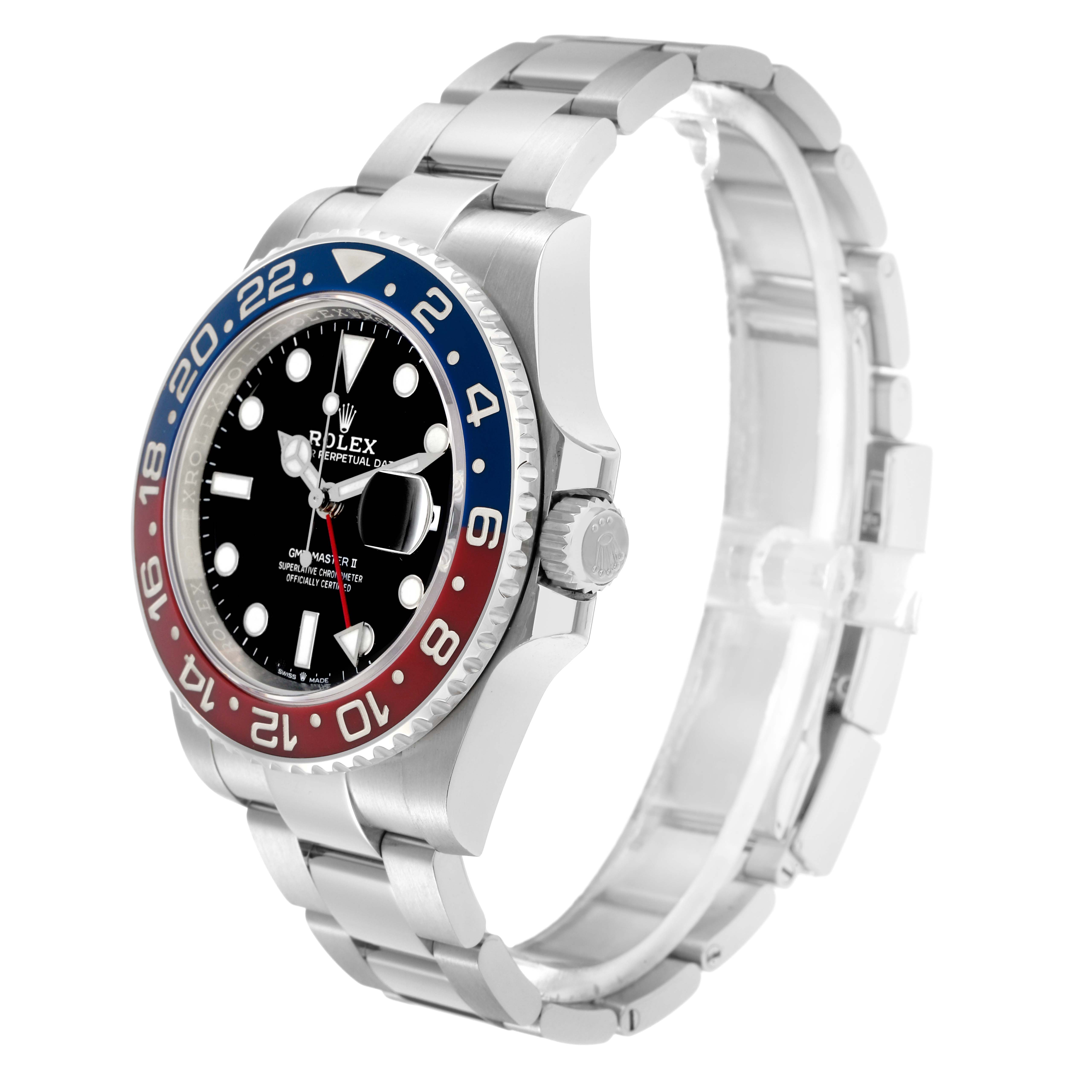 The Rolex GMT-Master 126710BLRO Men
s Stainless Steel Black Dial 126710BLRO Men
s Stainless Steel Black Dial watch is shown from a right-side angle, highlighting the bezel, dial, crown, and bracelet.