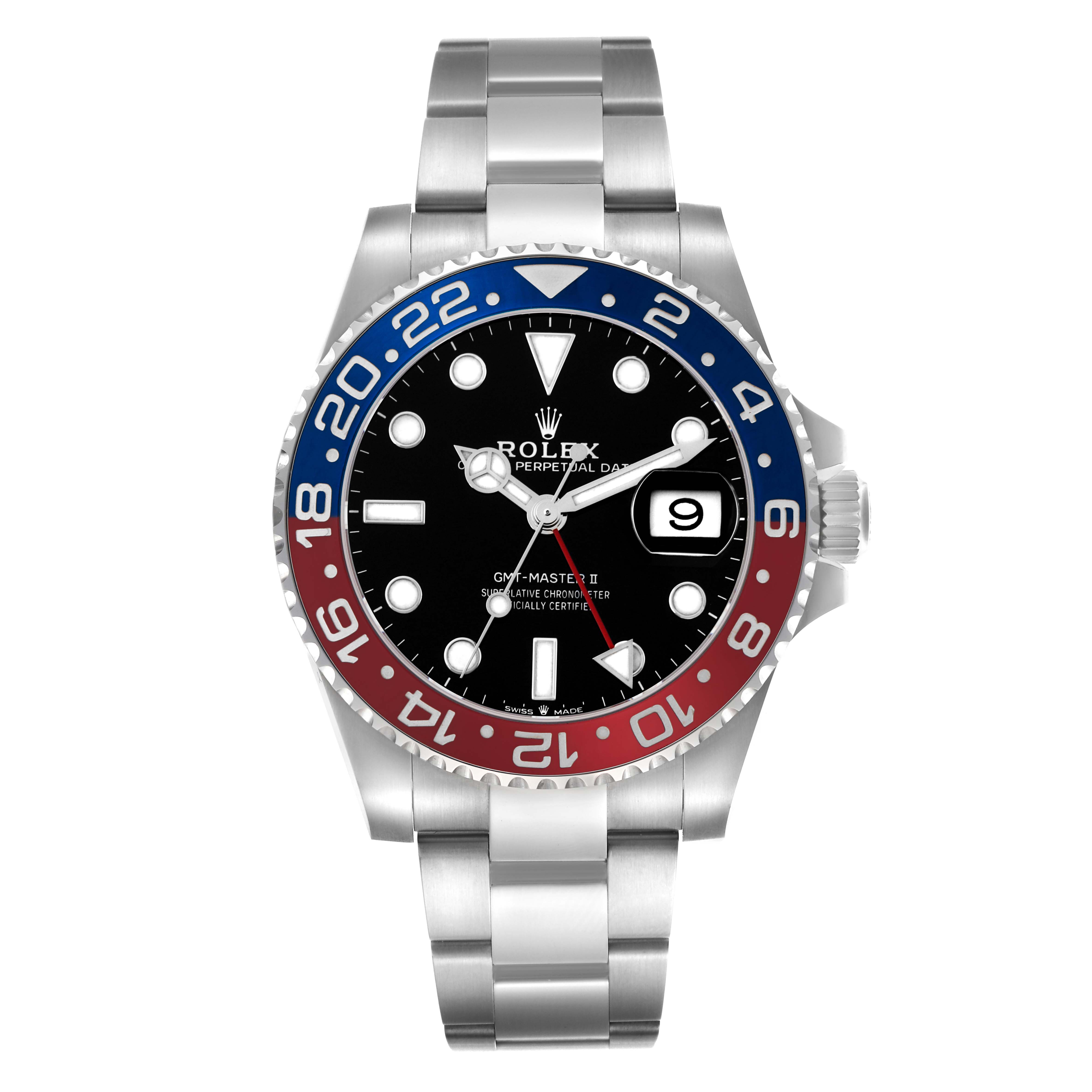 The Rolex GMT-Master 126710BLRO Men
s Stainless Steel Black Dial 126710BLRO Men
s Stainless Steel Black Dial watch is shown from a top view, displaying the bezel, dial, and bracelet.