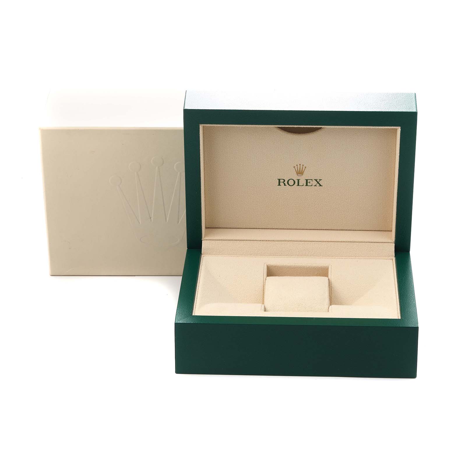 The image shows an open Rolex GMT-Master 126710BLRO Men
s Stainless Steel Black Dial 126710BLRO Men
s Stainless Steel Black Dial watch box with a green exterior and beige interior, viewed from the front.