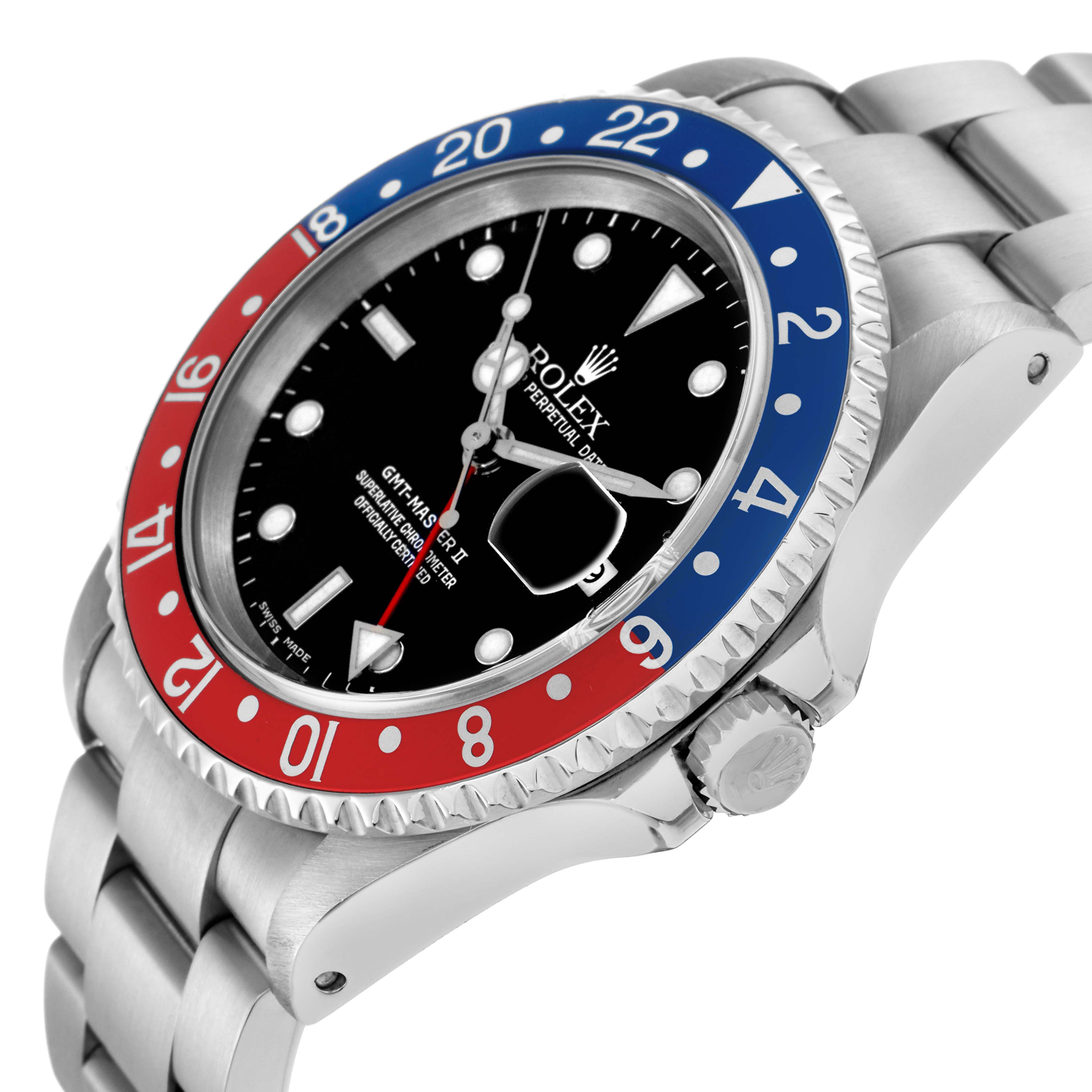 The Rolex GMT-Master 16710 Men
s Stainless Steel Black Dial 16710 Men
s Stainless Steel Black Dial watch is displayed at an oblique angle, showing the bezel, crown, dial, and bracelet.