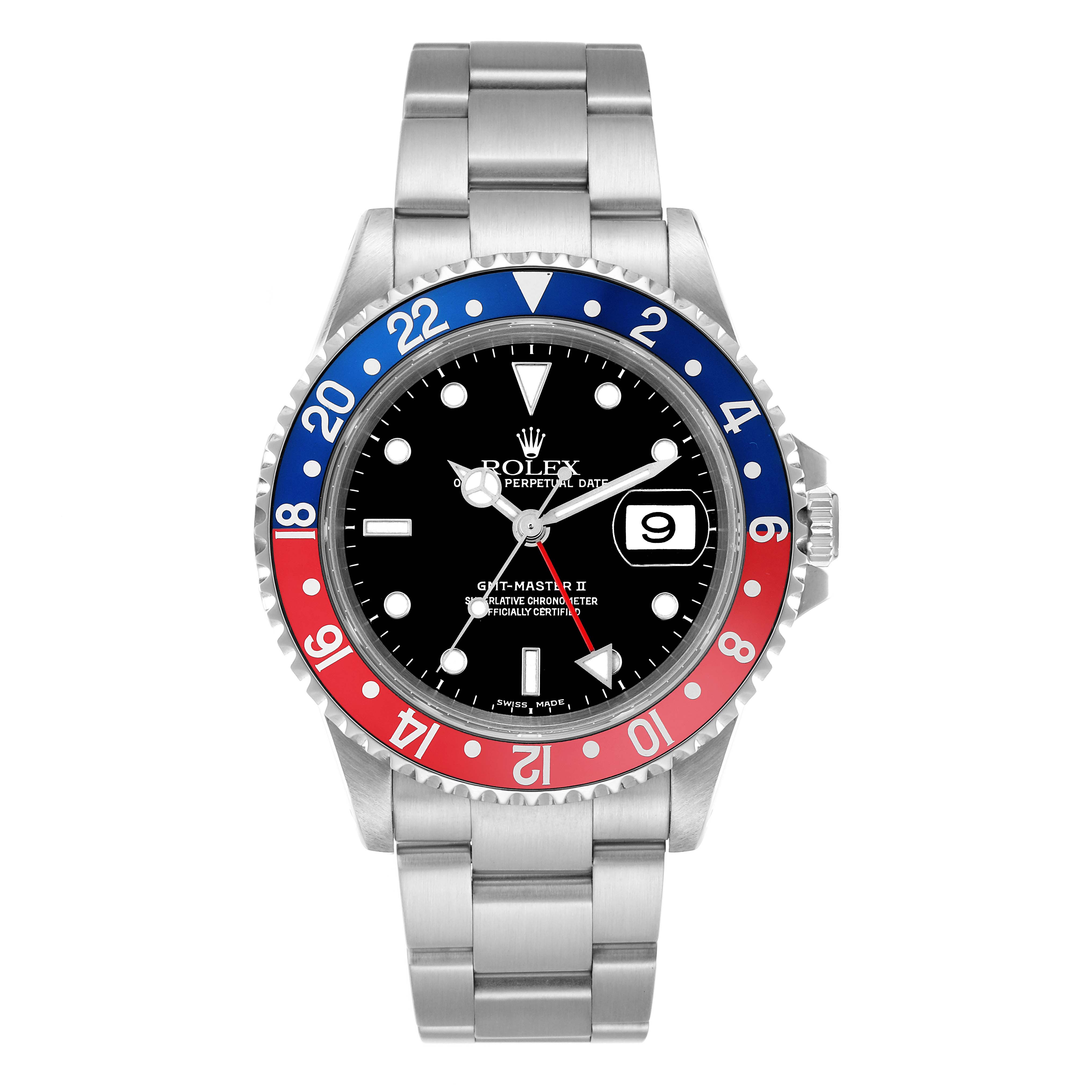 The Rolex GMT-Master 16710 Men
s Stainless Steel Black Dial 16710 Men
s Stainless Steel Black Dial watch is shown from a front angle, highlighting the face, bezel, bracelet, and crown.