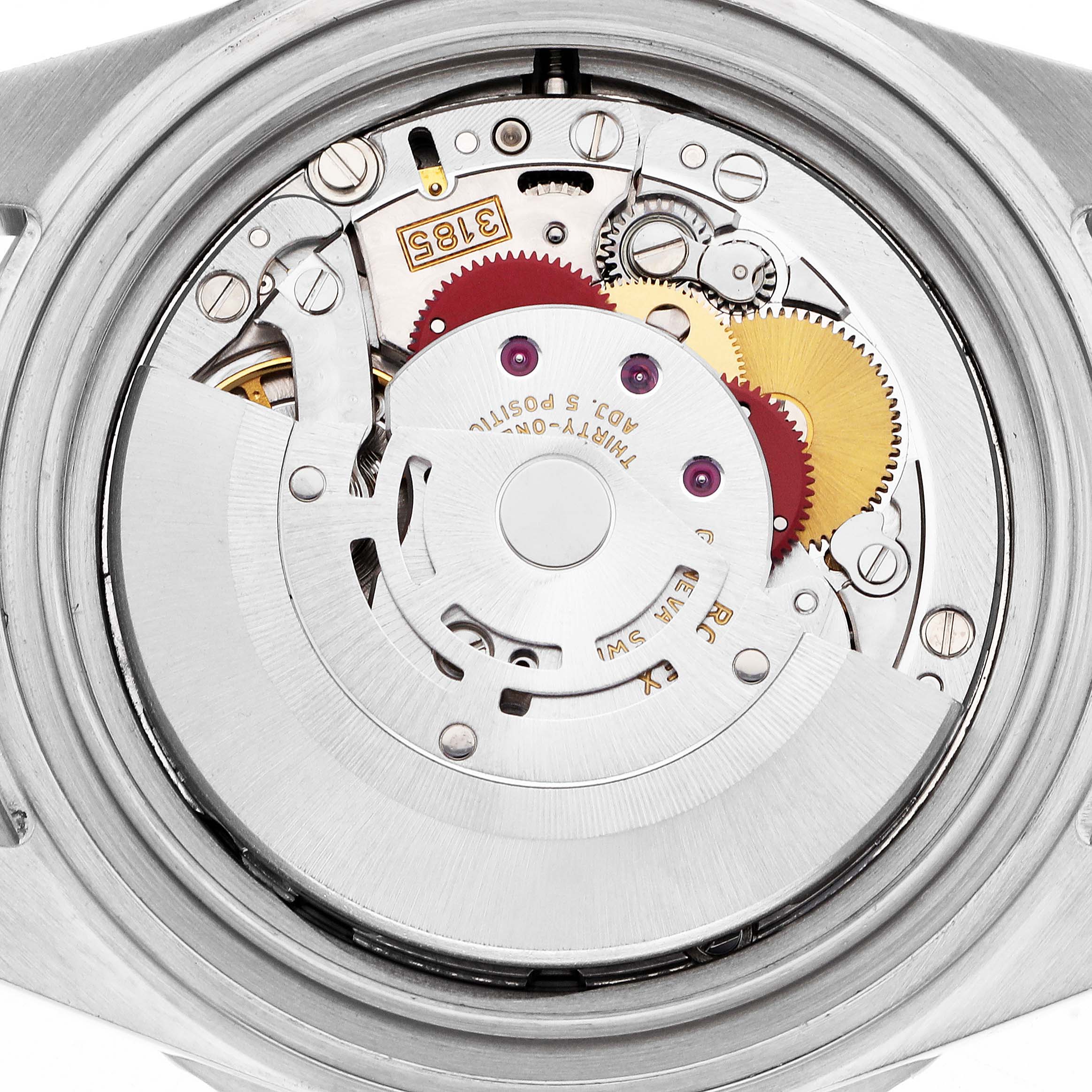 The image shows the movement mechanism of a Rolex GMT-Master 16710 Men
s Stainless Steel Black Dial 16710 Men
s Stainless Steel Black Dial watch from the back, highlighting gears and components.