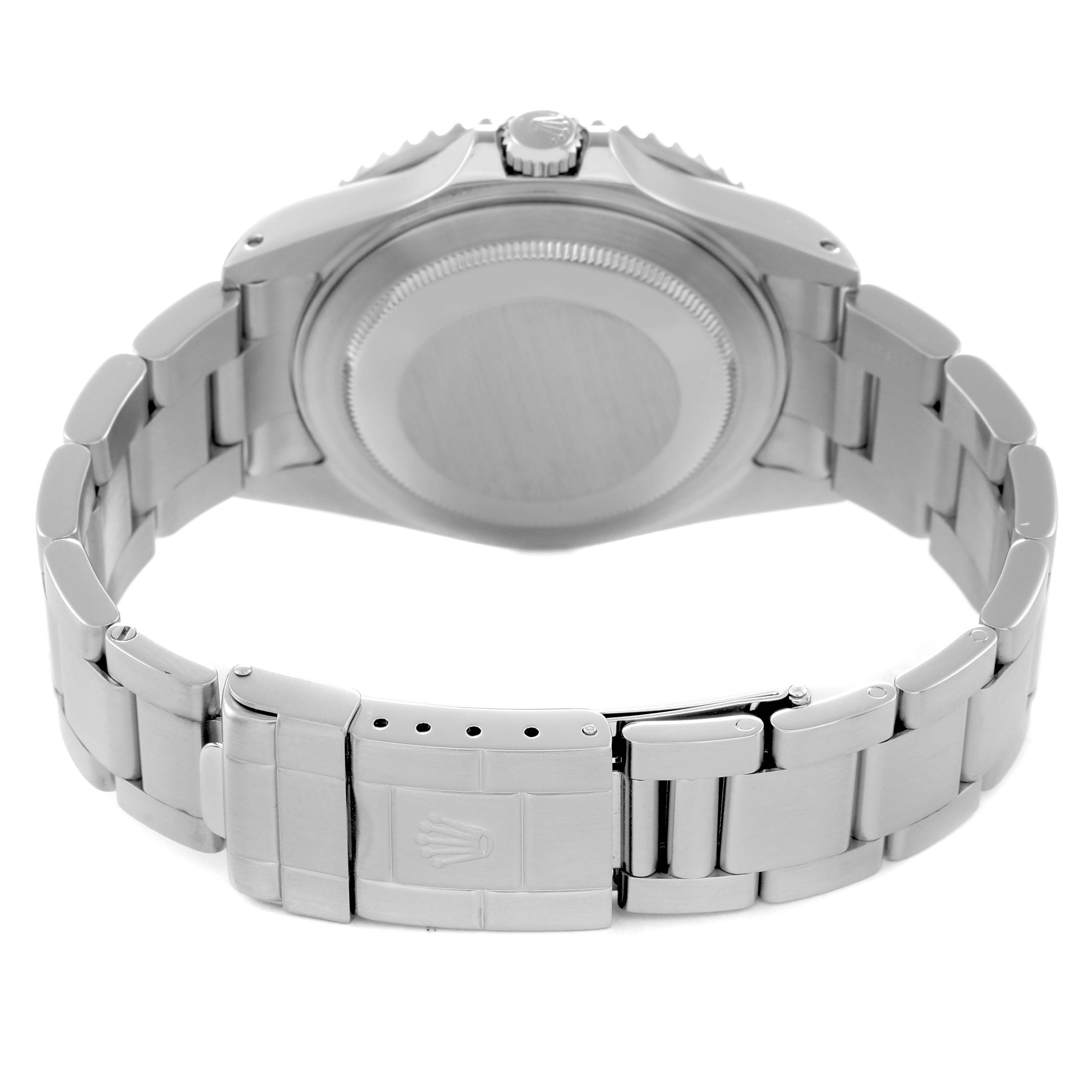 The image shows the back view of a Rolex GMT-Master 16710 Men
s Stainless Steel Black Dial 16710 Men
s Stainless Steel Black Dial, highlighting its bracelet and closed clasp.