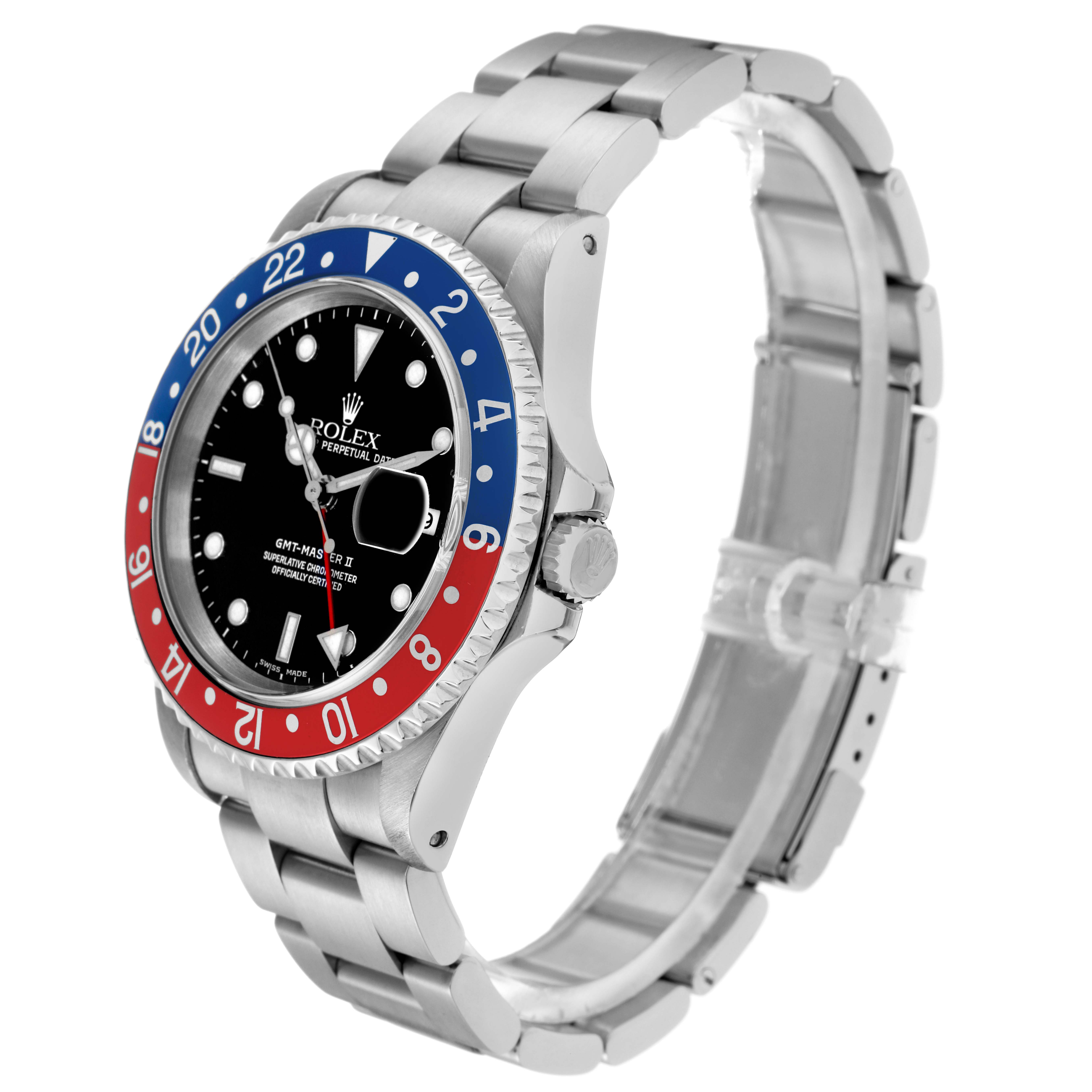 The Rolex GMT-Master 16710 Men
s Stainless Steel Black Dial 16710 Men
s Stainless Steel Black Dial watch is shown at a three-quarter angle highlighting the bezel, dial, crown, and bracelet.