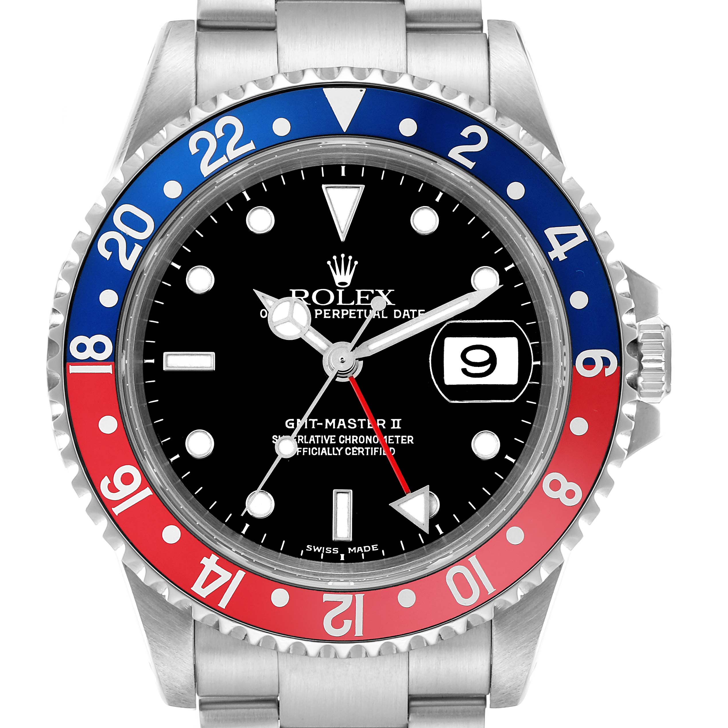 The Rolex GMT-Master 16710 Men
s Stainless Steel Black Dial 16710 Men
s Stainless Steel Black Dial watch is shown from the front, displaying its bezel, dial, crown, and bracelet links.