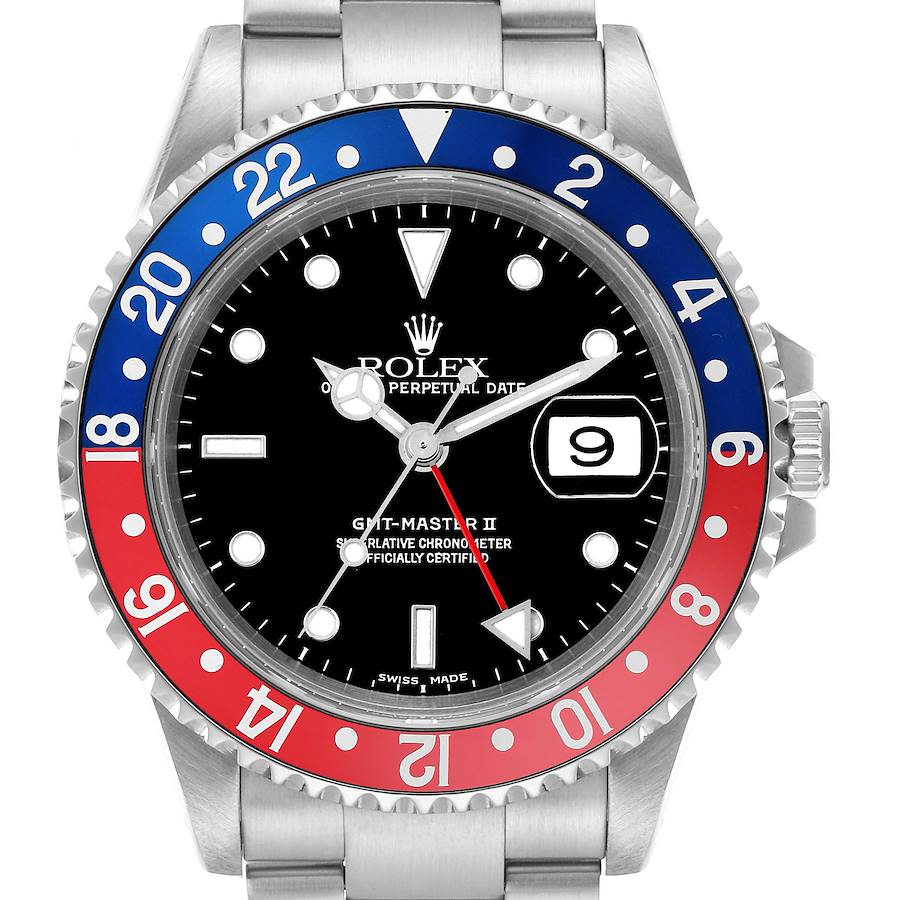 The Rolex GMT-Master watch is shown from the front, displaying its bezel, dial, crown, and bracelet links.