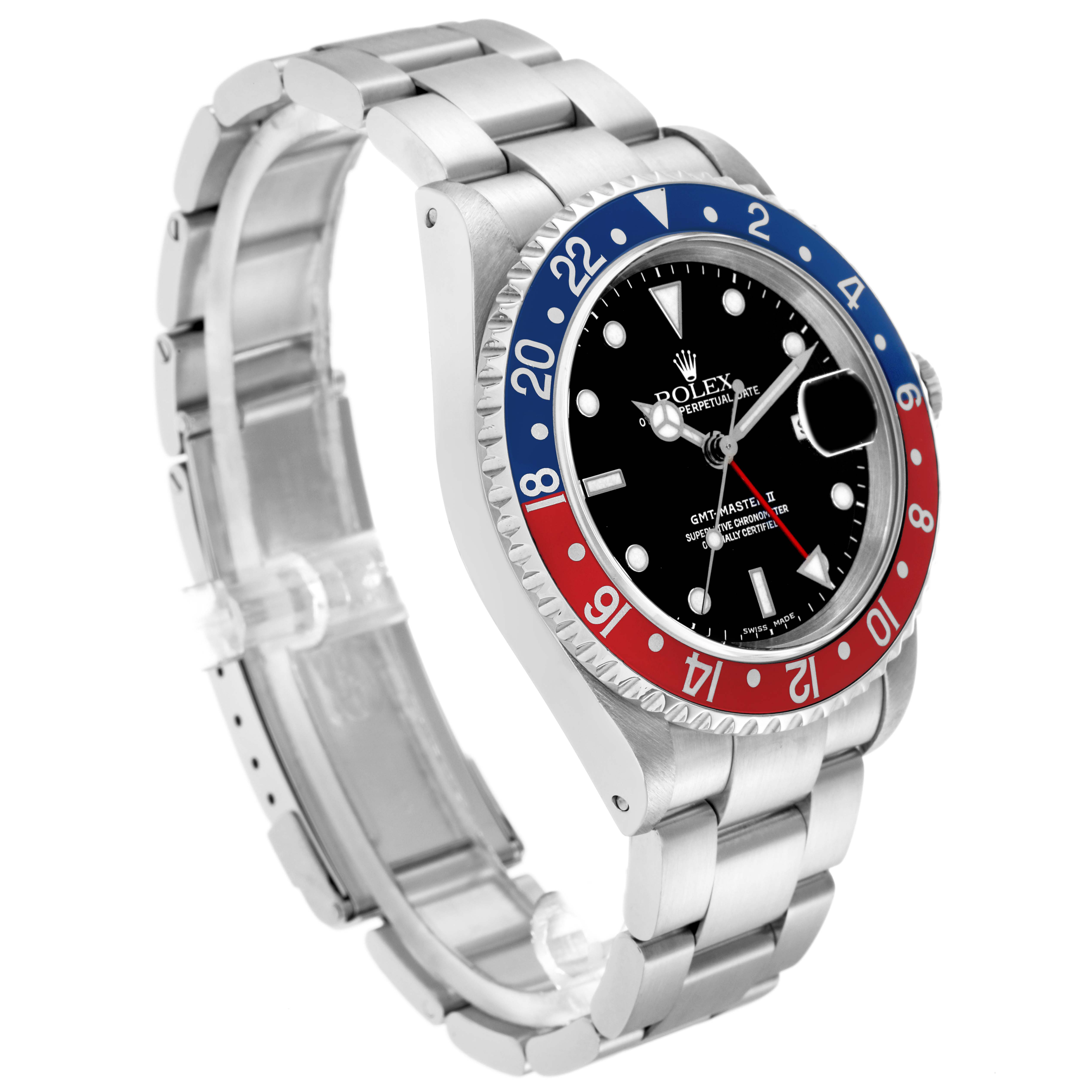 The Rolex GMT-Master 16710 Men
s Stainless Steel Black Dial 16710 Men
s Stainless Steel Black Dial watch is shown at a three-quarter angle, displaying its bezel, dial, and bracelet.