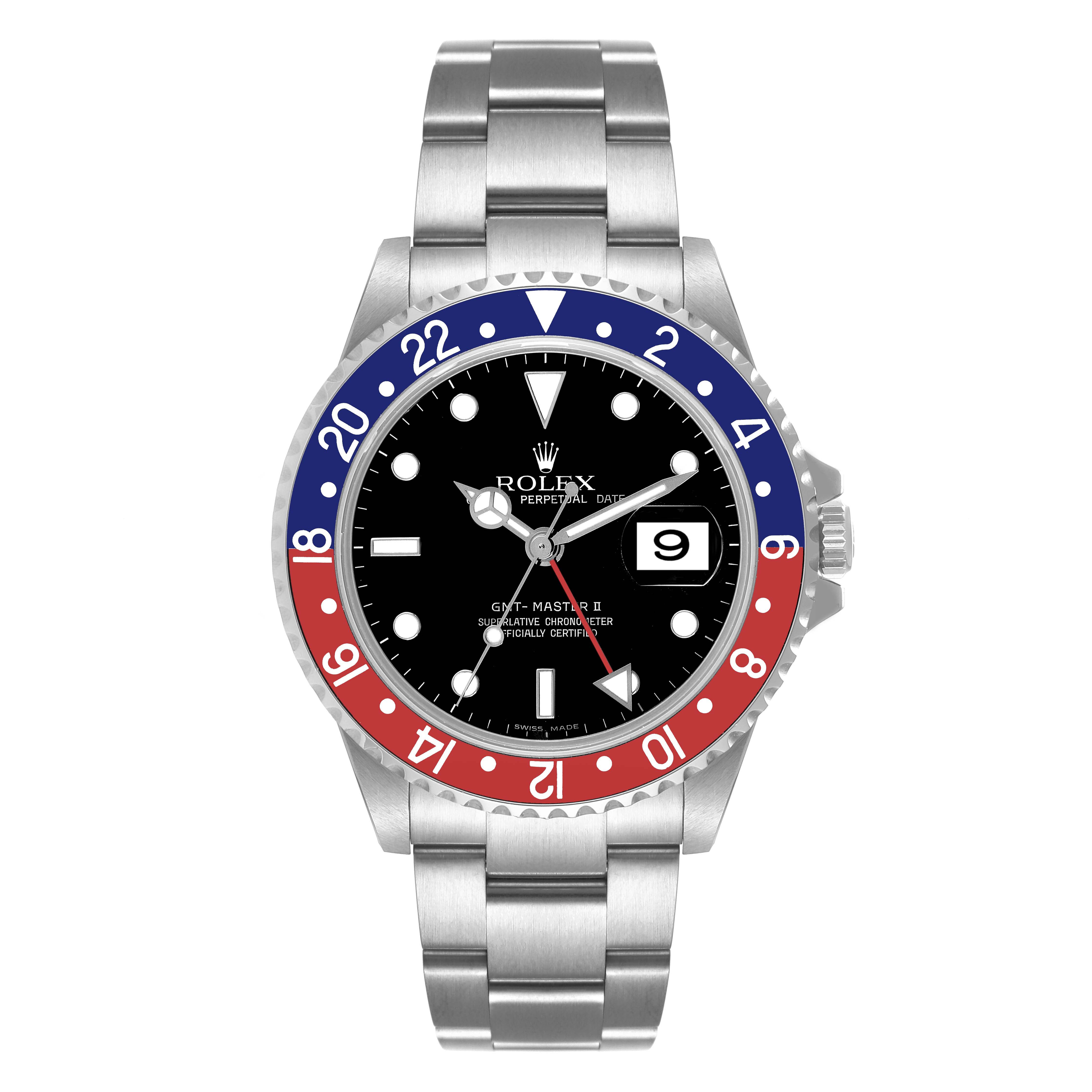 The image shows a front view of the Rolex GMT-Master 16710 Men's Stainless Steel Black Dial 16710 Men's Stainless Steel Black Dial II watch, including the dial, bezel, and stainless steel bracelet.