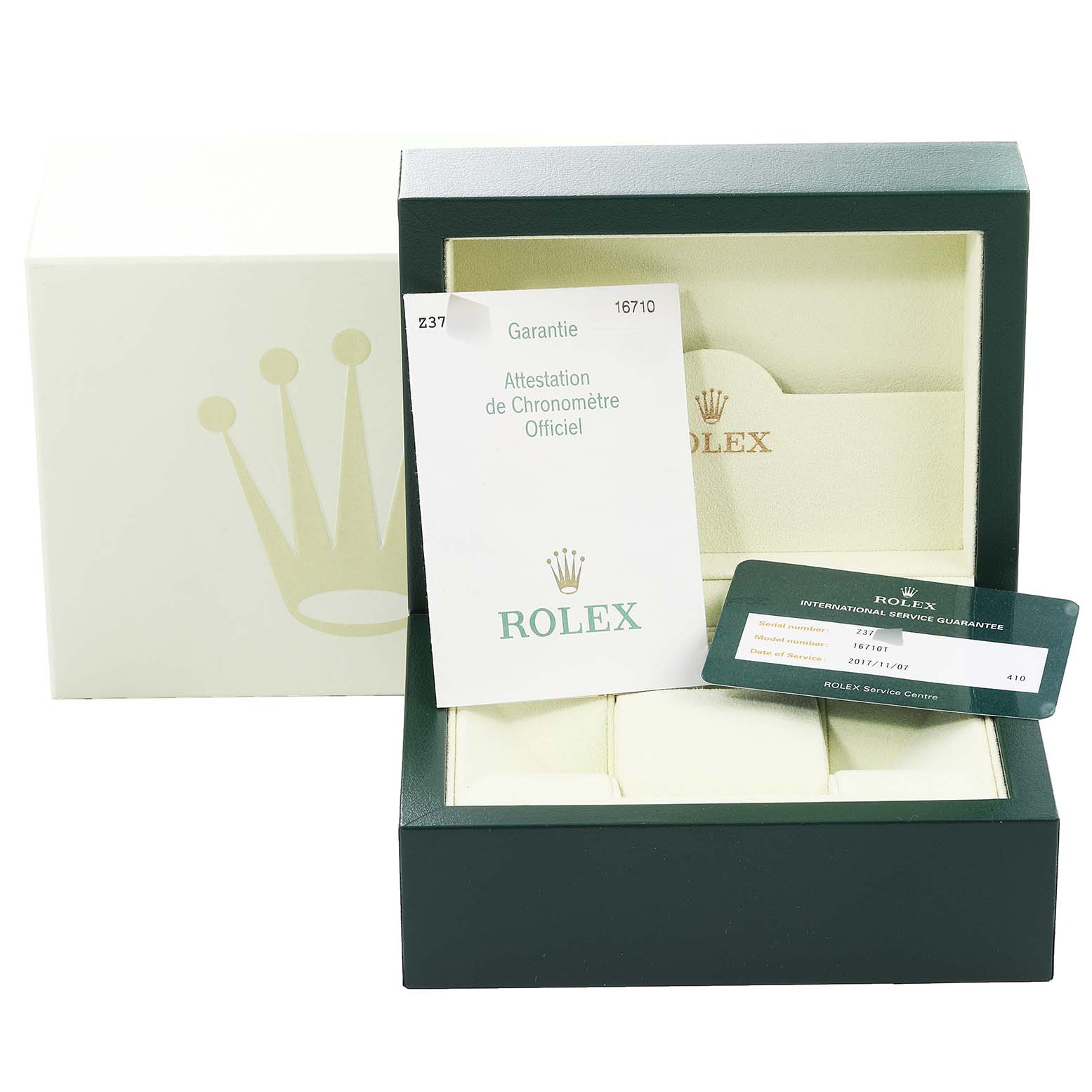 The image shows the box, warranty card, and certification for a Rolex GMT-Master 16710 Men's Stainless Steel Black Dial 16710 Men's Stainless Steel Black Dial watch.