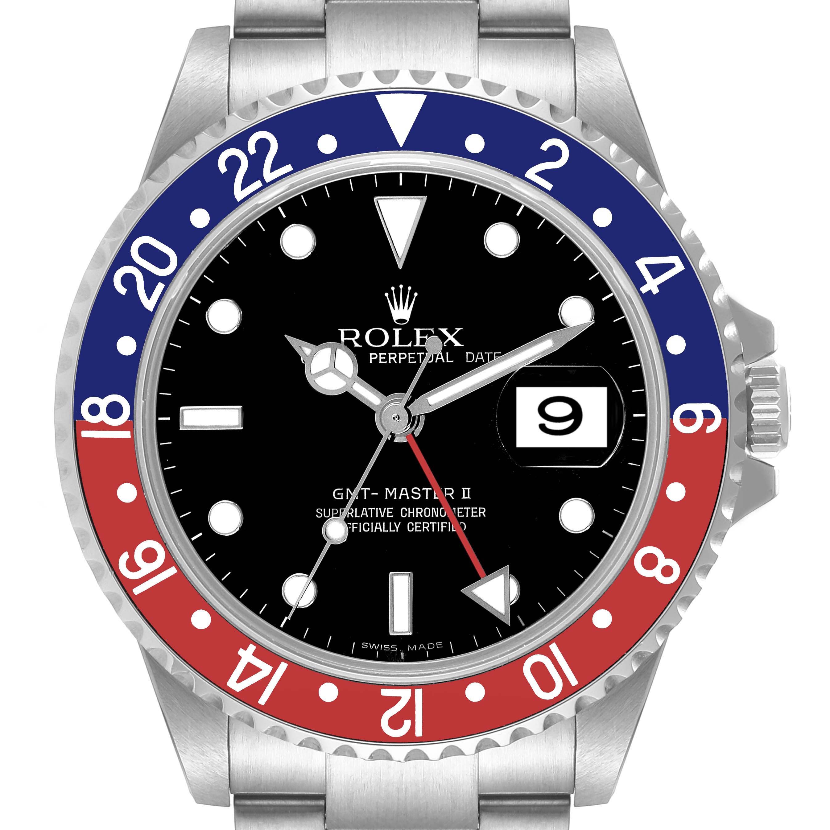 The image shows a front view of a Rolex GMT-Master 16710 Men's Stainless Steel Black Dial 16710 Men's Stainless Steel Black Dial II watch, highlighting its red and blue bezel, black dial, and date display.
