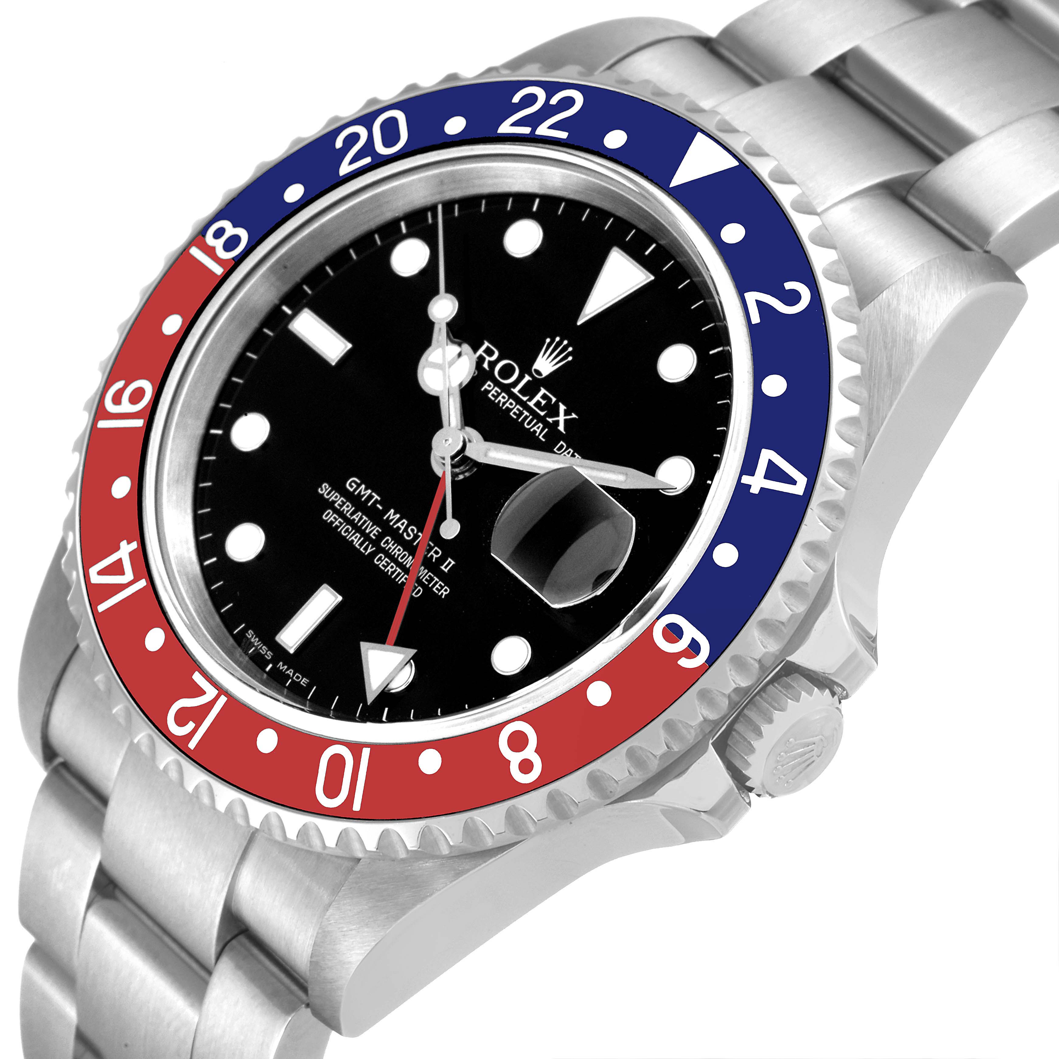 This image shows the face, bezel, and part of the bracelet of a Rolex GMT-Master 16710 Men's Stainless Steel Black Dial 16710 Men's Stainless Steel Black Dial watch at an angled view.