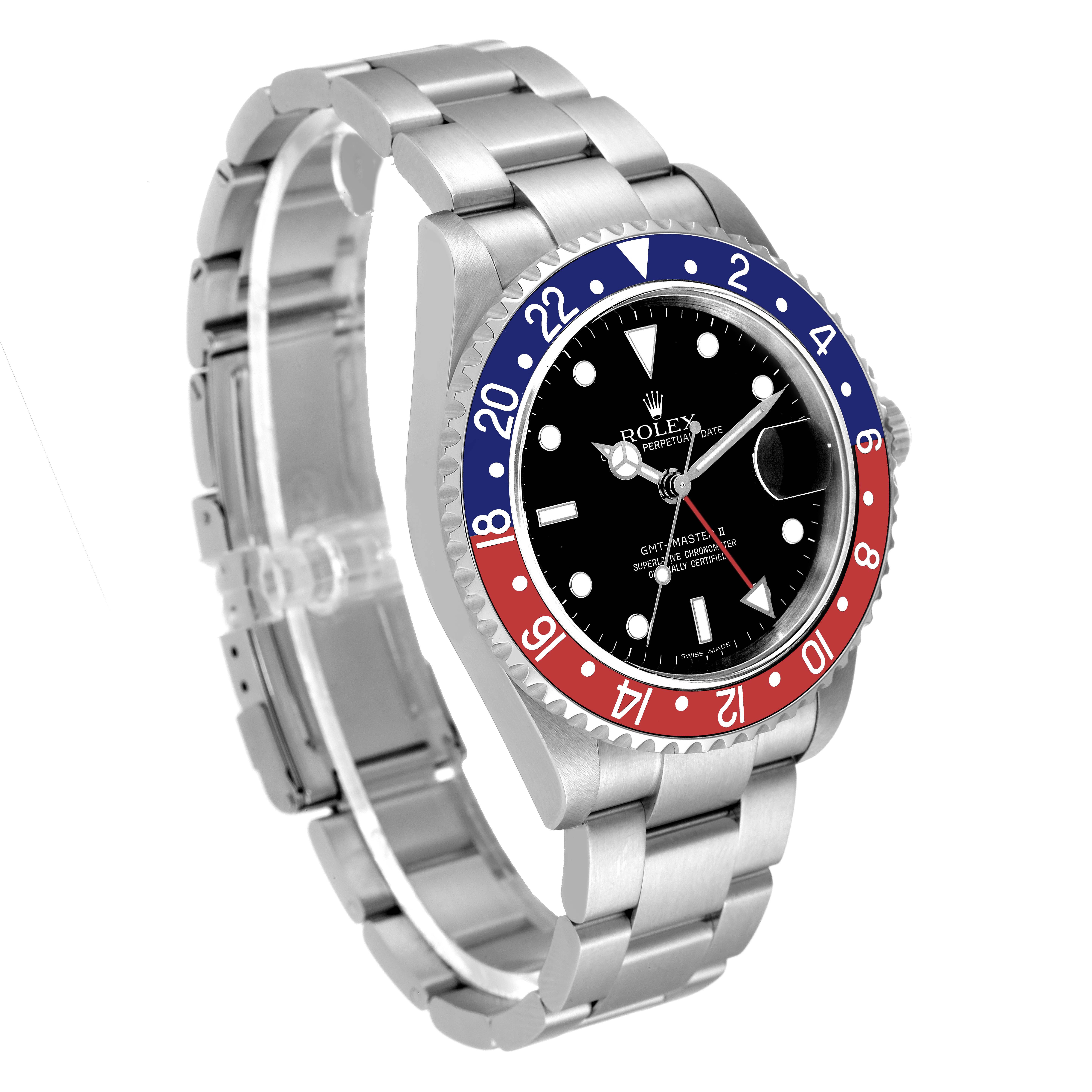 The Rolex GMT-Master 16710 Men's Stainless Steel Black Dial 16710 Men's Stainless Steel Black Dial watch is shown from a front angle highlighting the dial, bezel, and metal bracelet.