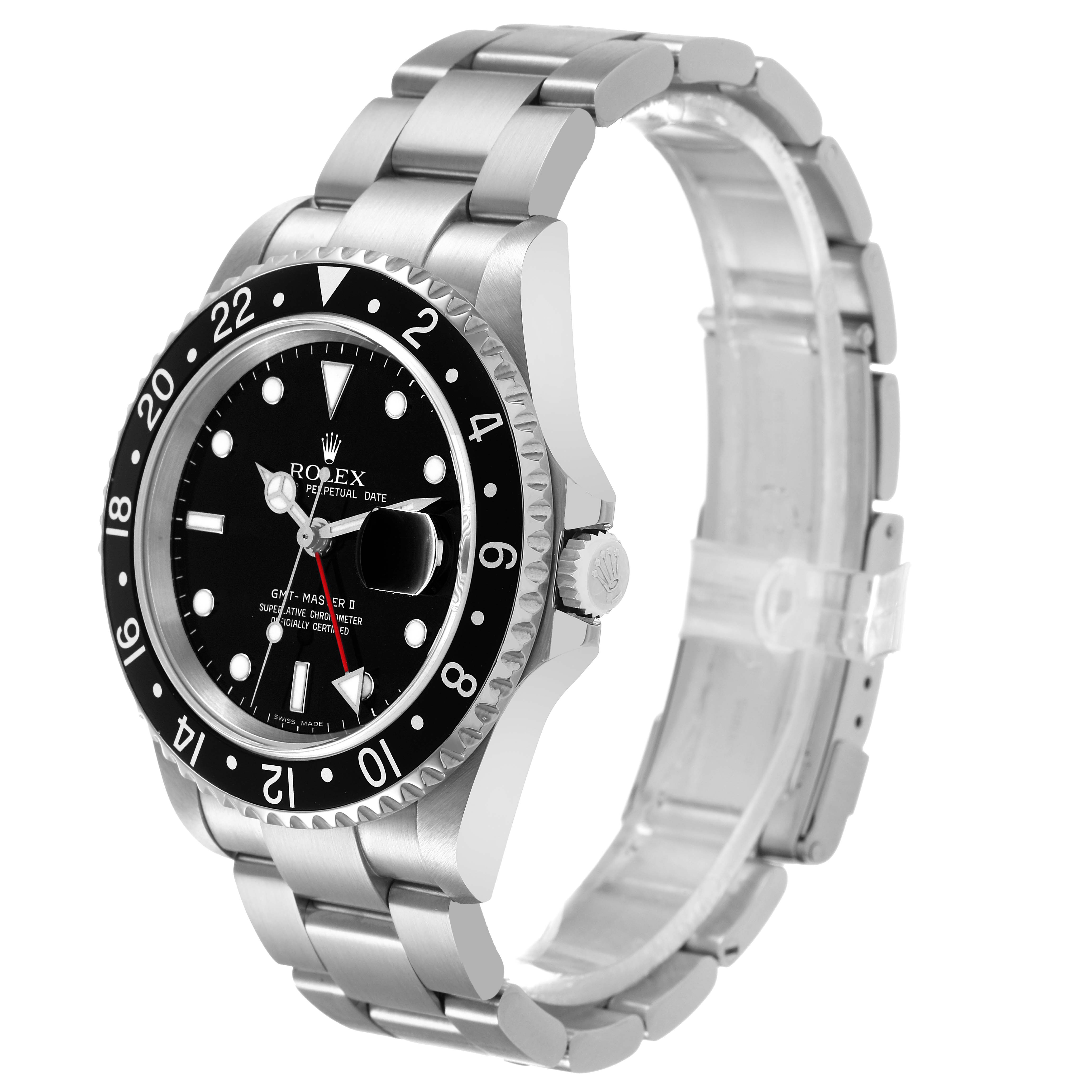 The Rolex GMT-Master 16710 Men's Stainless Steel Black Dial watch is shown at a three-quarter angle, displaying the bezel, dial, and bracelet.