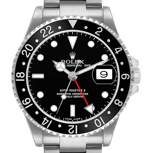 The Rolex GMT-Master 16710 Men's Stainless Steel Black Dial II is shown from a front angle, displaying the bezel, dial, hands, and bracelet.