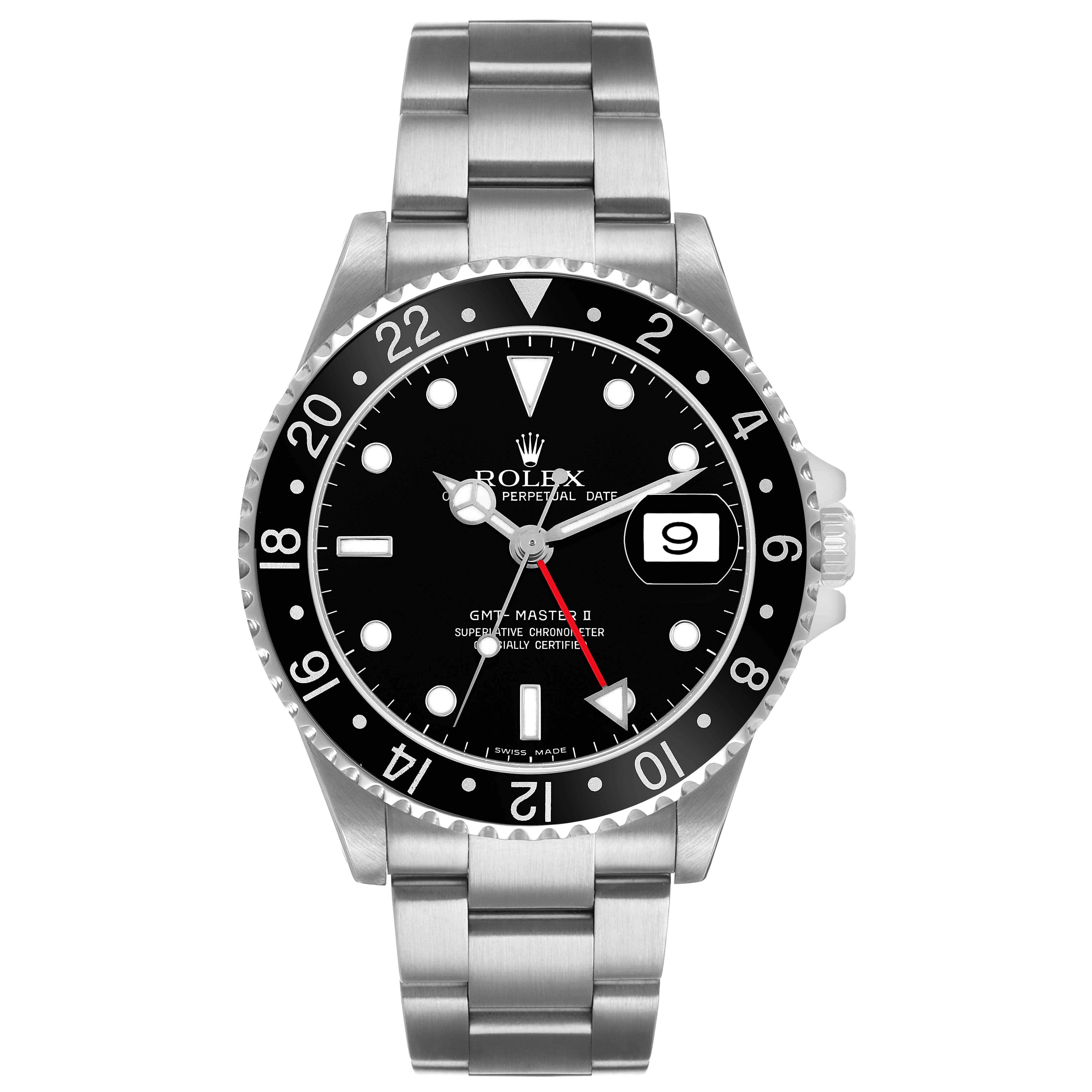The Rolex GMT-Master 16710 Men's Stainless Steel Black Dial watch is shown from a front angle displaying the face, bezel, and bracelet.