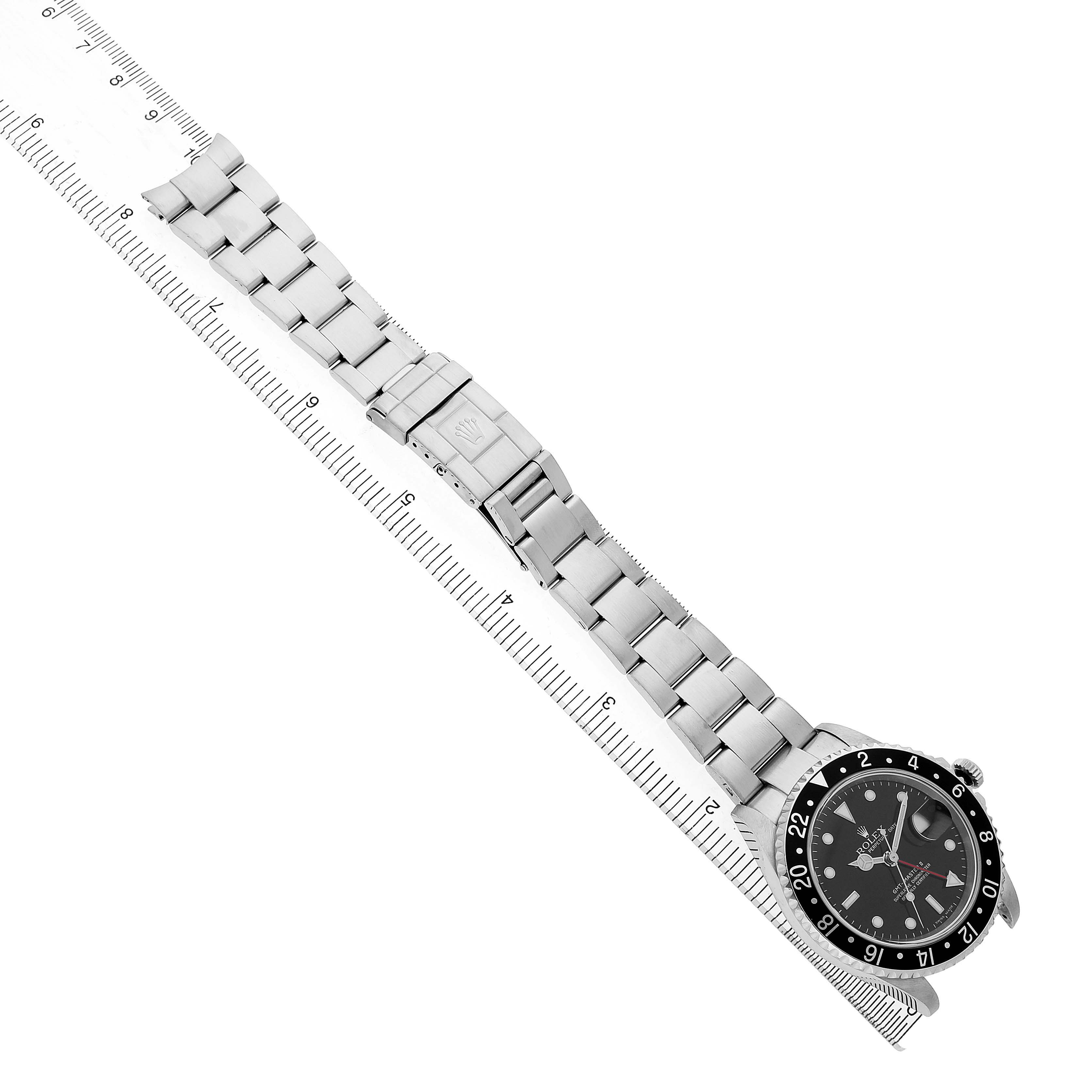 The Rolex GMT-Master 16710 Men's Stainless Steel Black Dial watch is shown at a diagonal angle, displaying the full bracelet, clasp, and face.