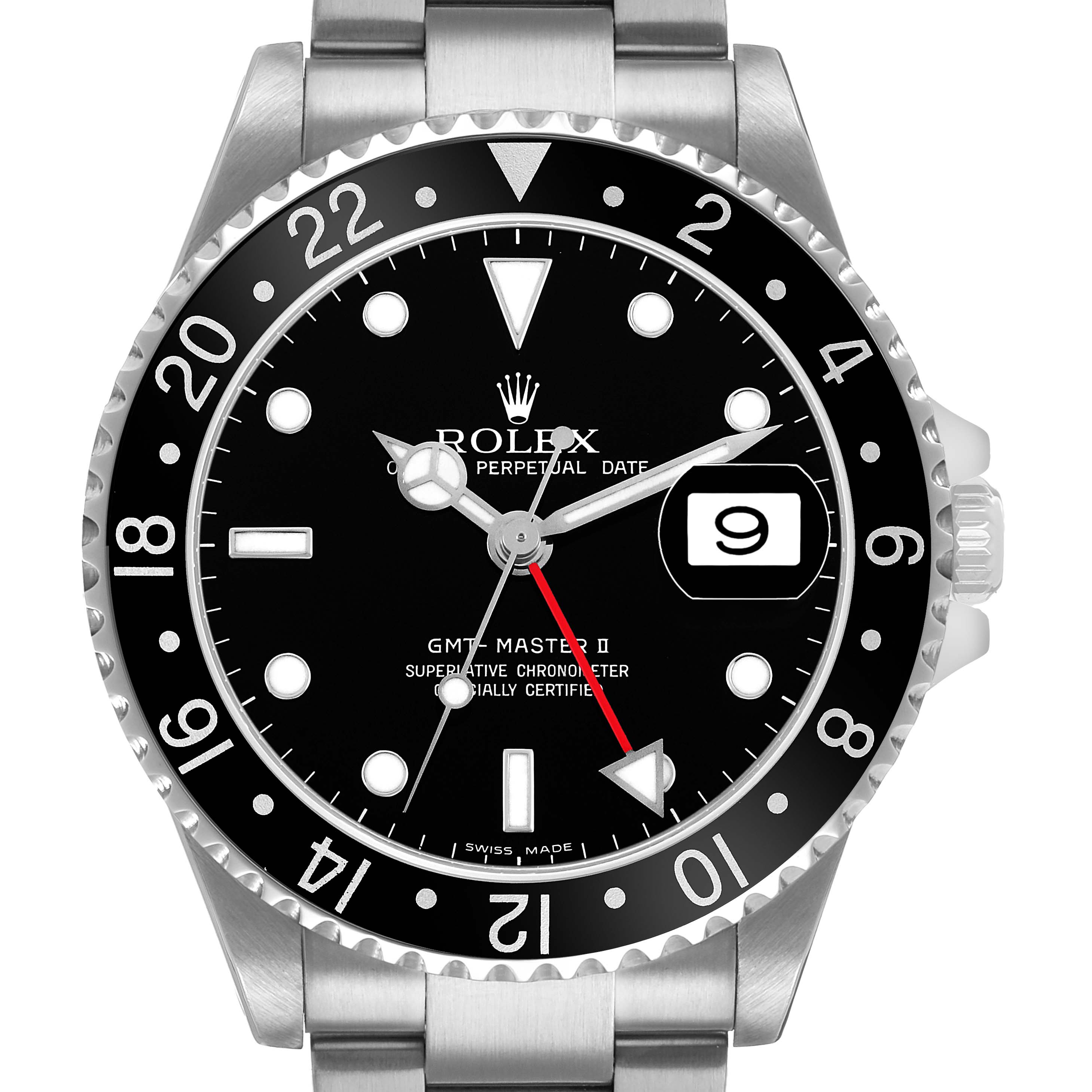 The Rolex GMT-Master 16710 Men's Stainless Steel Black Dial watch is shown from a frontal angle, displaying the dial, bezel, and bracelet.