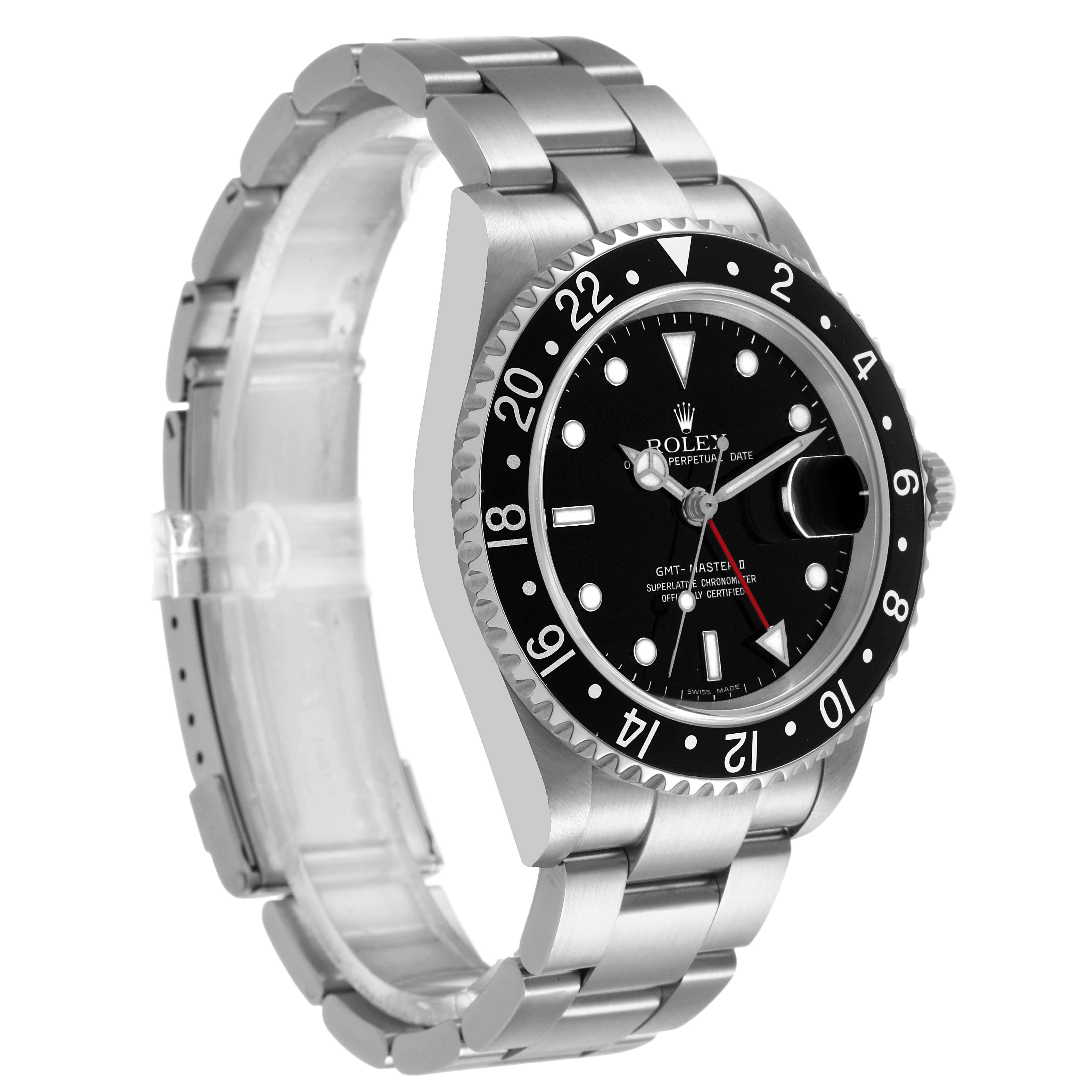 The Rolex GMT-Master 16710 Men's Stainless Steel Black Dial watch is shown at a three-quarter angle, highlighting the bezel, dial, crown, and bracelet.