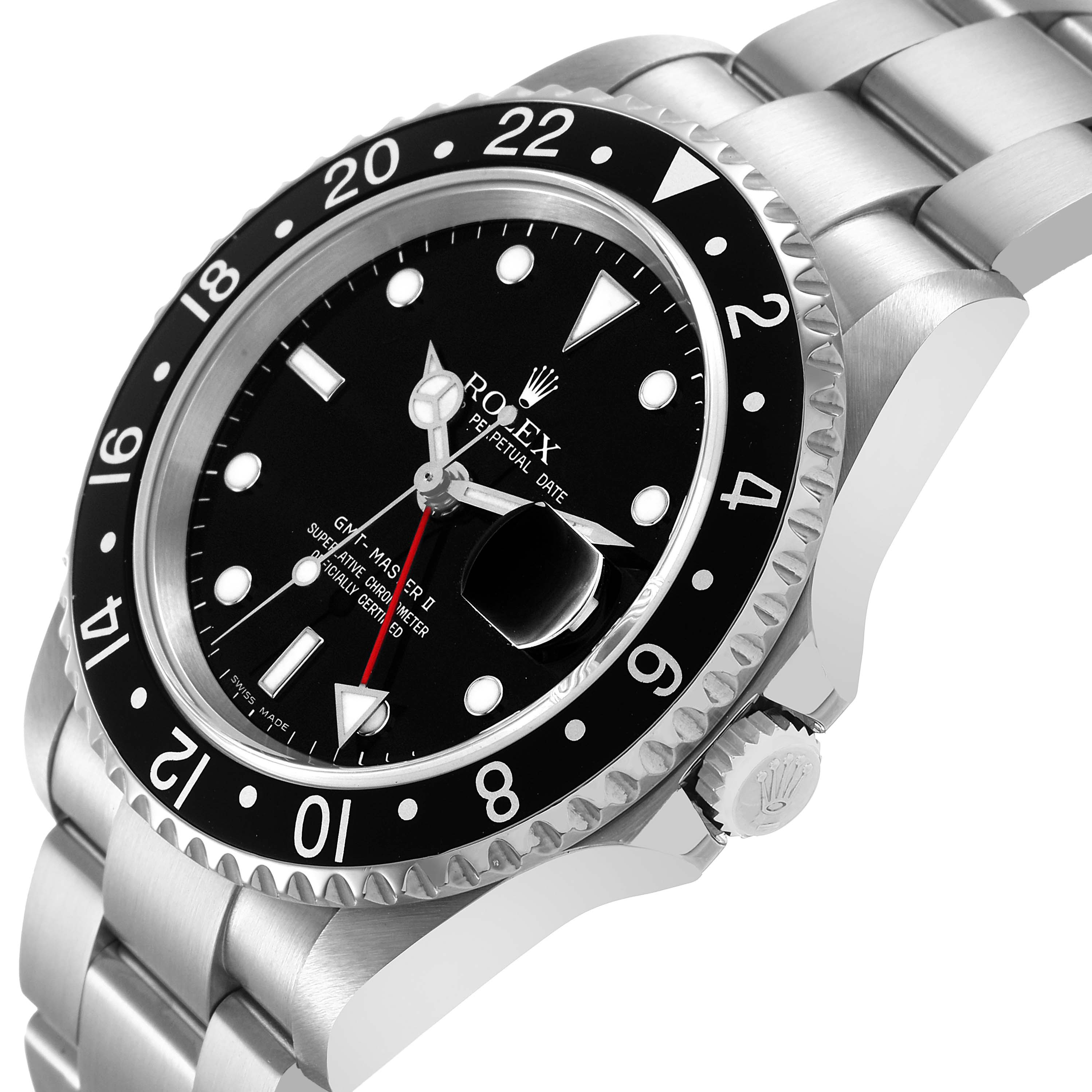 The Rolex GMT-Master 16710 Men's Stainless Steel Black Dial is shown at an angled view, highlighting the bezel, bracelet, and crown.