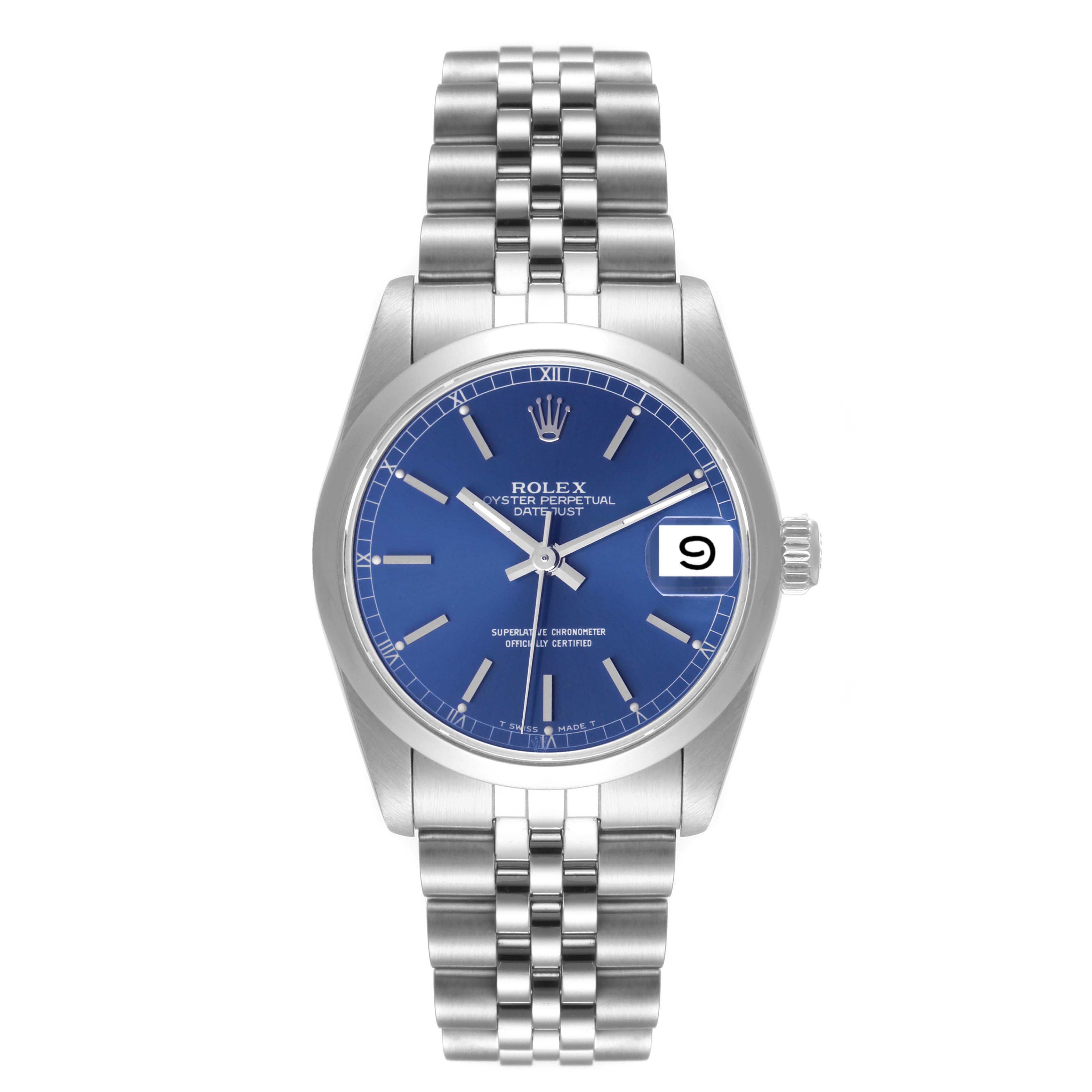 The image showcases a front view of the dial, bezel, and bracelet of a Rolex Mid-Size 68240 Women
s Stainless Steel Blue Dial 68240 Women
s Stainless Steel Blue Dial Datejust watch.