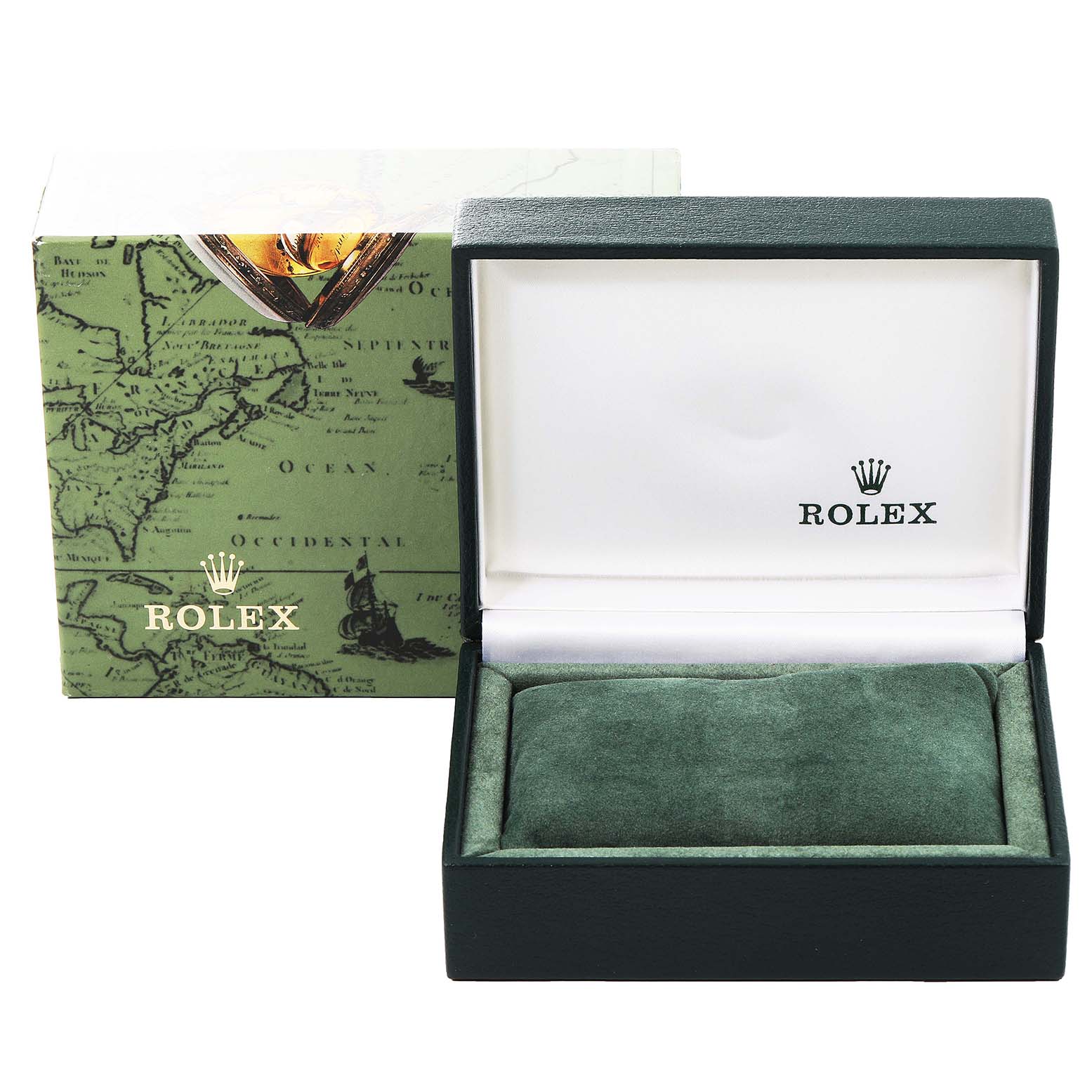 The image shows an open green Rolex box, with its exterior packaging featuring a map design, likely for a Mid-Size model watch.