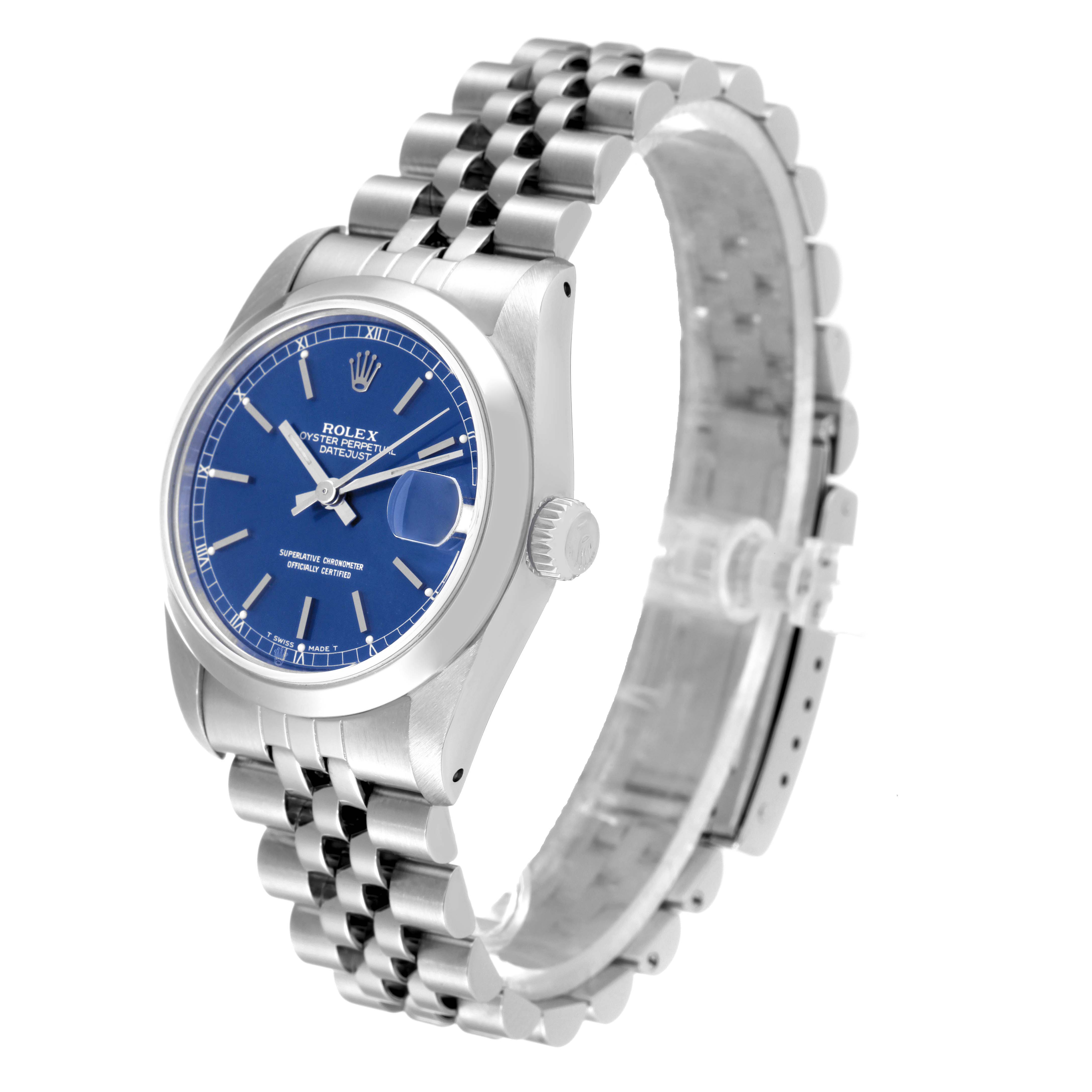 The Rolex Mid-Size 68240 Women
s Stainless Steel Blue Dial 68240 Women
s Stainless Steel Blue Dial watch is shown at a three-quarter angle, displaying the face, bezel, and bracelet.