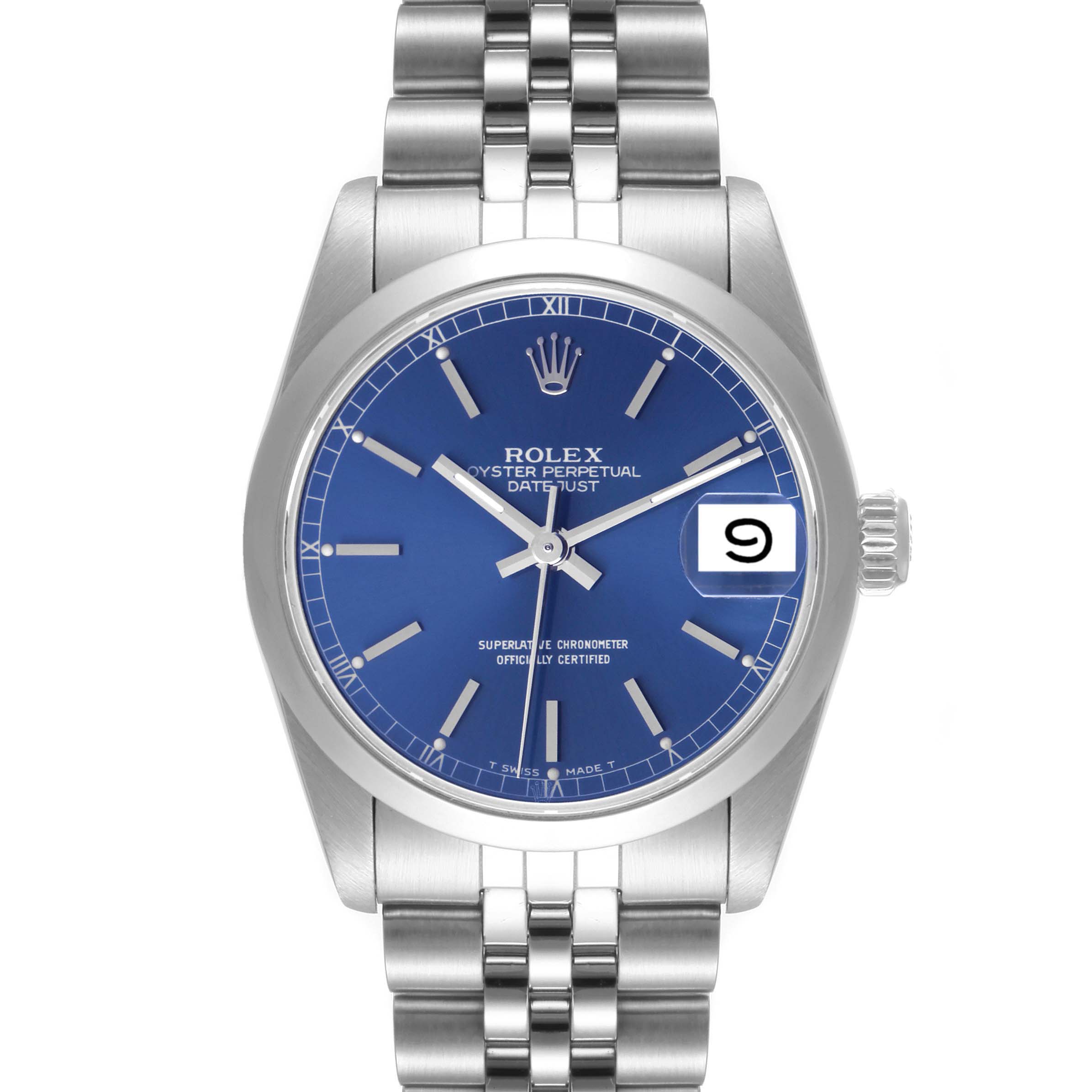 This image shows a head-on view of the Rolex Oyster Perpetual Datejust Mid-Size watch, displaying the blue dial and bracelet.