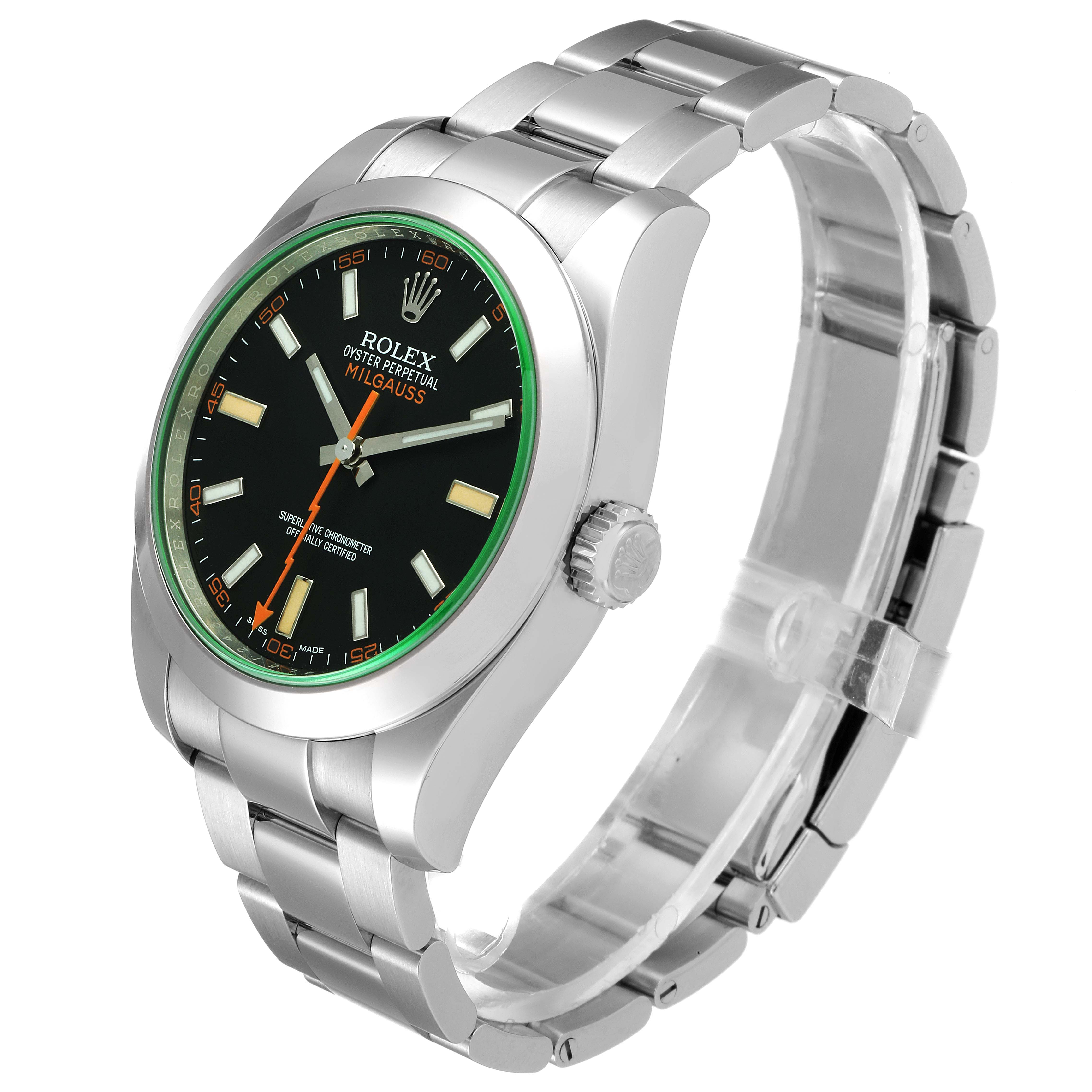 The image shows a Rolex Milgauss 116400V Men's Stainless Steel Black Dial 116400V Men's Stainless Steel Black Dial watch, angled to display the dial, crown, and a portion of the bracelet.